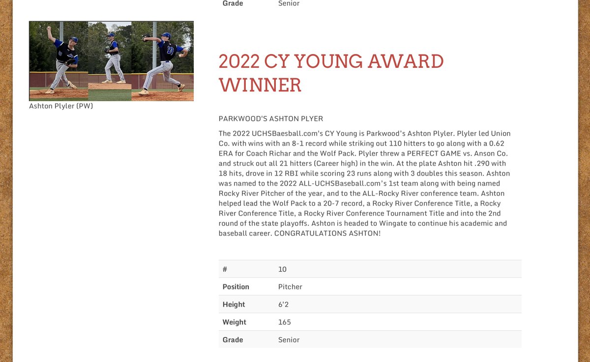 The 2022 UCHSBaseball.com’s Cy Young
Parkwood’s Ashton Plyler!
 UCHSBaseball.com

<a href="/ParkwoodBB/">Parkwood Baseball</a> <a href="/RockyRiver2A/">Rocky River 2A/3A Athletics</a> <a href="/rlrichar6/">Rocky Richar</a> @PWHSathletics <a href="/ParkwoodHSNC/">Parkwood High School</a> <a href="/PlylerAshton/">Ashton Plyler</a> <a href="/WingateBaseball/">Wingate Baseball</a>