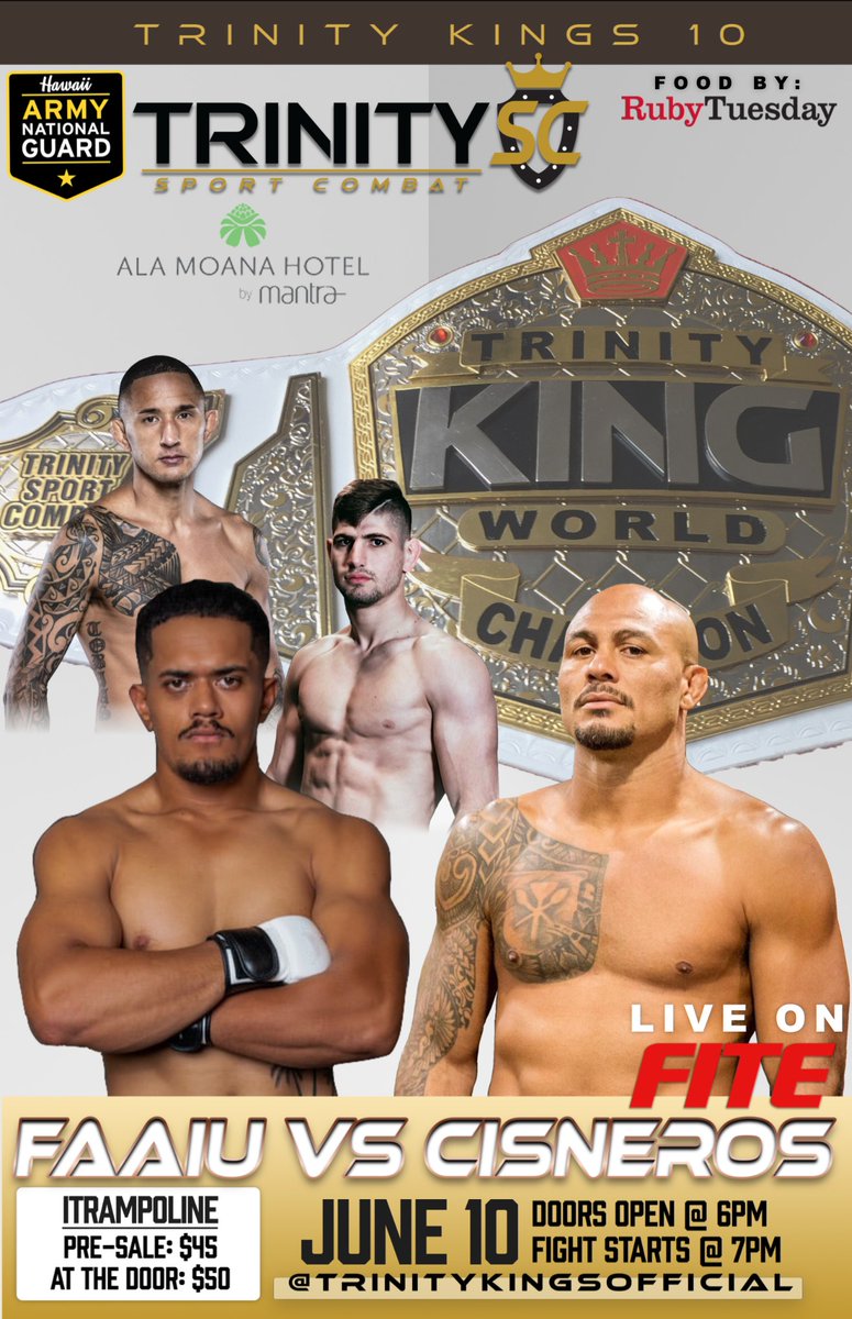 Triller_TV's tweet photo. In 6⃣ days, the TSC Middleweight championship will be decided on #FITE.
👑For the first time ever, #TrinityKings10 is LIVE on the #FITEapp.
Justus Faaiu meets Chris Cisneros in the headliner.
INCLUDED with #FITEplus. Only $4.99/mo🔥🔥
6.11 | 1AM ET
▶️ https://t.co/M0yFdku4ju https://t.co/u0THQmEf4p