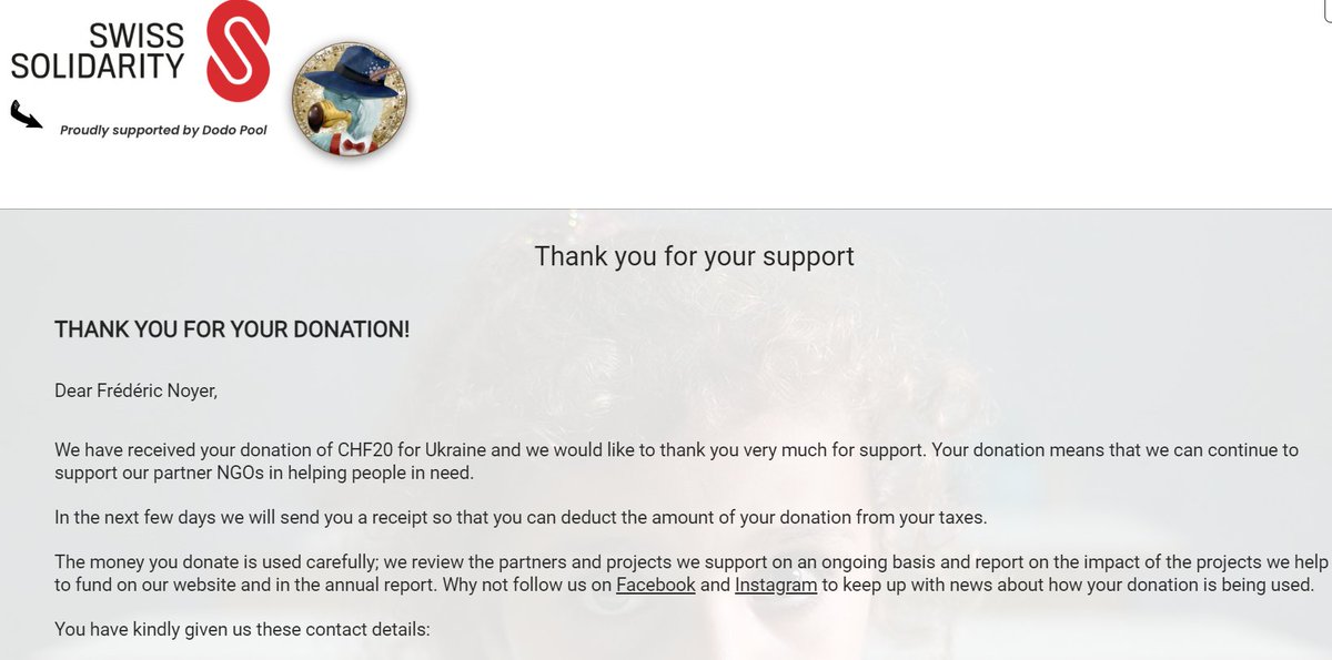 The Dodo Pool (@thedodopool) on Twitter photo 10% of the pool rewards (Ep.340) has been paid to
<a href="/swisssolidarity/">Swiss Solidarity</a> 👉 Ukraine 🇺🇦
Spread the love ♥️ and support our pool. 🙏
Stake with us togeter we can make a difference !
#Cardano #CardanoCommunity #Ukraine️ #WARINUKRAINE #wearethepeople #WeAreAllUkrainians #WeAreONE 10% of the pool rewards (Ep.340) has been paid to
<a href="/swisssolidarity/">Swiss Solidarity</a> 👉 Ukraine 🇺🇦
Spread the love ♥️ and support our pool. 🙏
Stake with us togeter we can make a difference !
#Cardano #CardanoCommunity #Ukraine️ #WARINUKRAINE #wearethepeople #WeAreAllUkrainians #WeAreONE