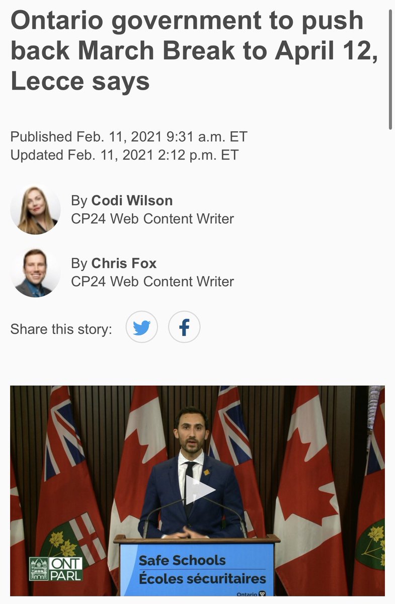 14/ On February 11th, 2021, Ontario announces that they will be delaying March Break by one month to “keep students in the classroom and prevent further spread of more transmissible COVID-19 variants circulating in the community” Break moved to April 12 https://beta.cp24.com/news/2021/2/11/1_5304736.html