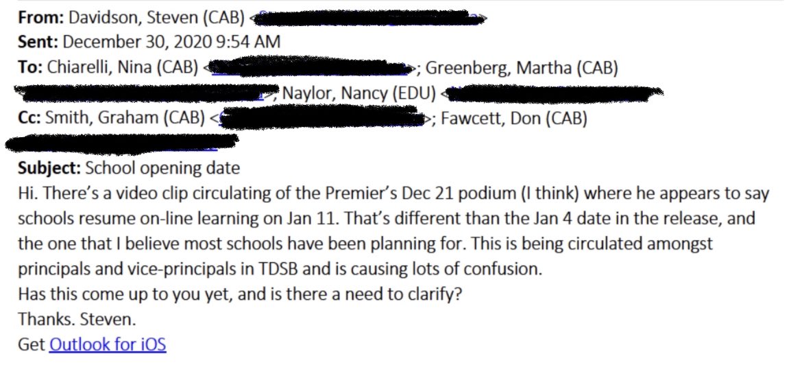 5/ On Dec 30, 2020, Doug Ford had a press conference where he mentions schools will continue online learning until Jan. 11th, 2021. However, Jan 4th, 2021 was the date in the release. Steven Davidson (Secretary of Cabinet) is confused, along with scrambling school boards.