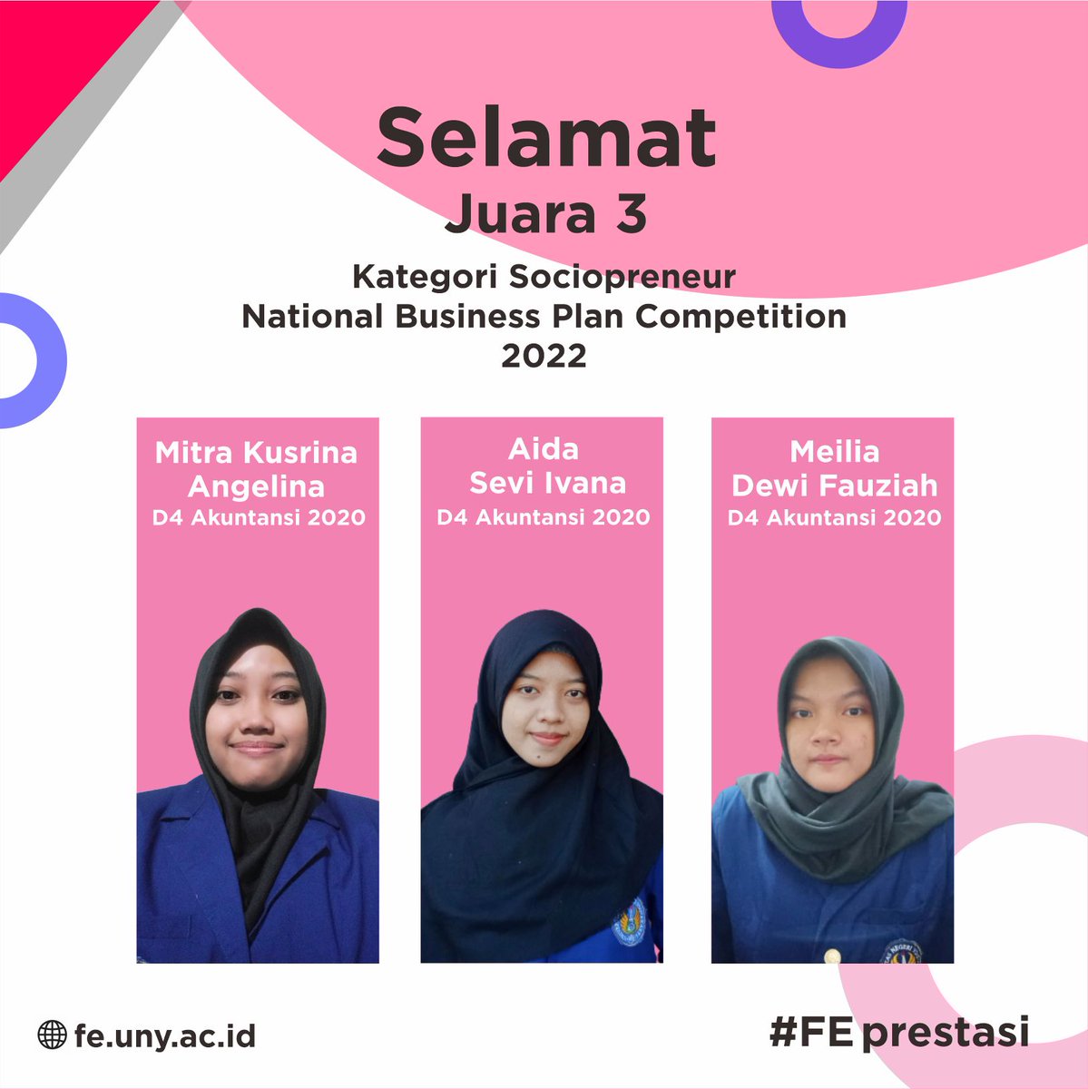 febunyofficial's tweet photo. Tim FE UNY dari D4 Akuntansi angkatan 2020, yaitu Aida Sevi Ivana, Meilia Dewi Fauziah, dan Mitra Kusrina Angelina, meraih Juara 3 National Business Plan Competition 2022 kategori Sociopreneur dibimbing dosen Rudi Prasetya Timur, S.E., M.Acc.
#FEprestasi #FEbright #FEUNY https://t.co/neVhR6q3zy