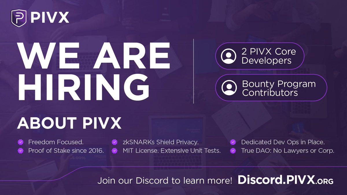 _PIVX's tweet photo. PIVX is Hiring! 🎉

Please join https://t.co/TYxfeYMd7c to learn more. 
#PIVX #Developers #community https://t.co/XaSY7qh2z6