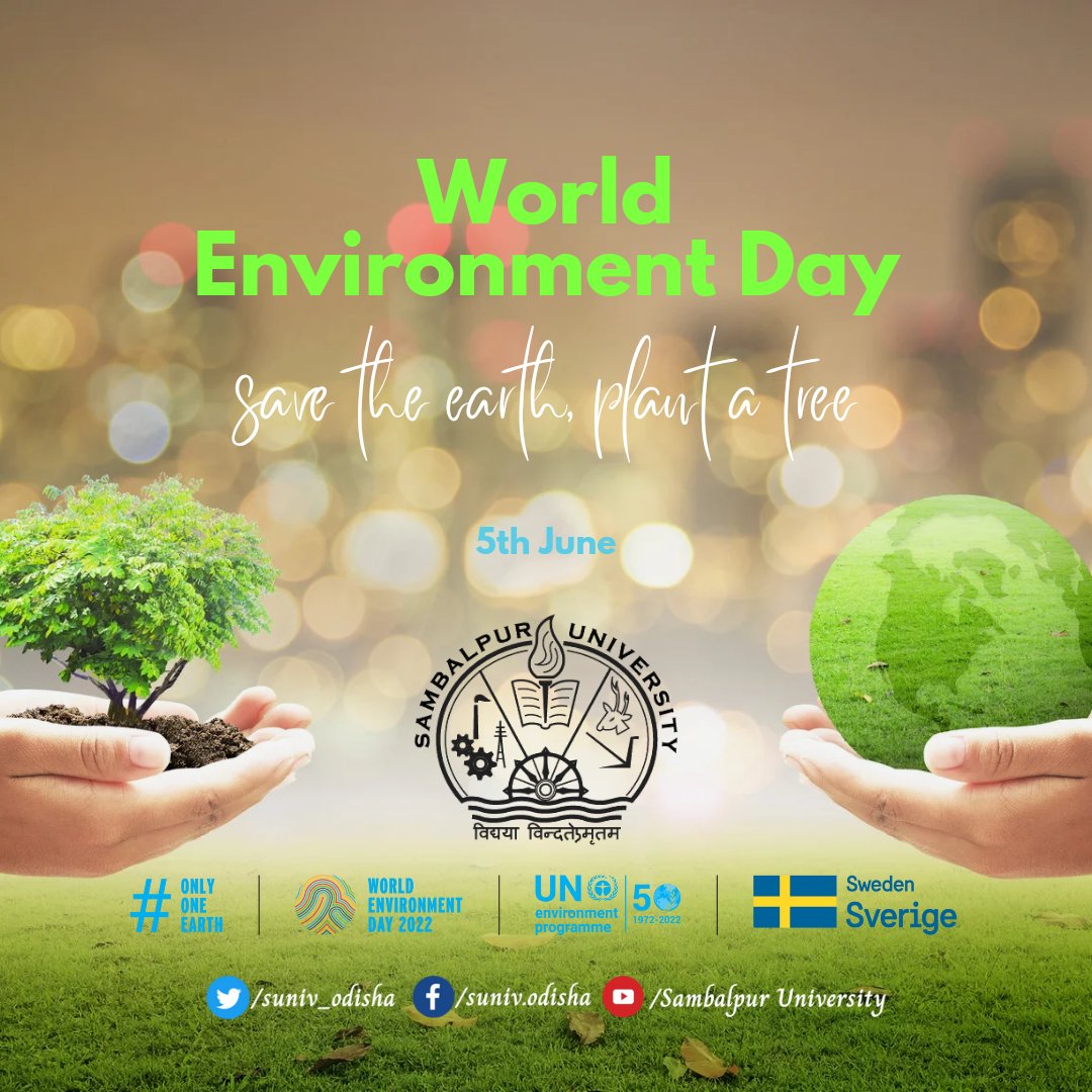 Sambalpur University (@suniv_official) on Twitter photo Today we’re celebrating the
<a href="/UN/">United Nations</a>
#WorldEnvironmentDay. The theme this year is #OnlyOneEarth, and hereby, SU requests everyone to make our planet a healthier place to live.
Let´s remind ourselves: there is an intergenerational responsibility to protect the Earth.
#onlyonearth Today we’re celebrating the
<a href="/UN/">United Nations</a>
#WorldEnvironmentDay. The theme this year is #OnlyOneEarth, and hereby, SU requests everyone to make our planet a healthier place to live.
Let´s remind ourselves: there is an intergenerational responsibility to protect the Earth.
#onlyonearth