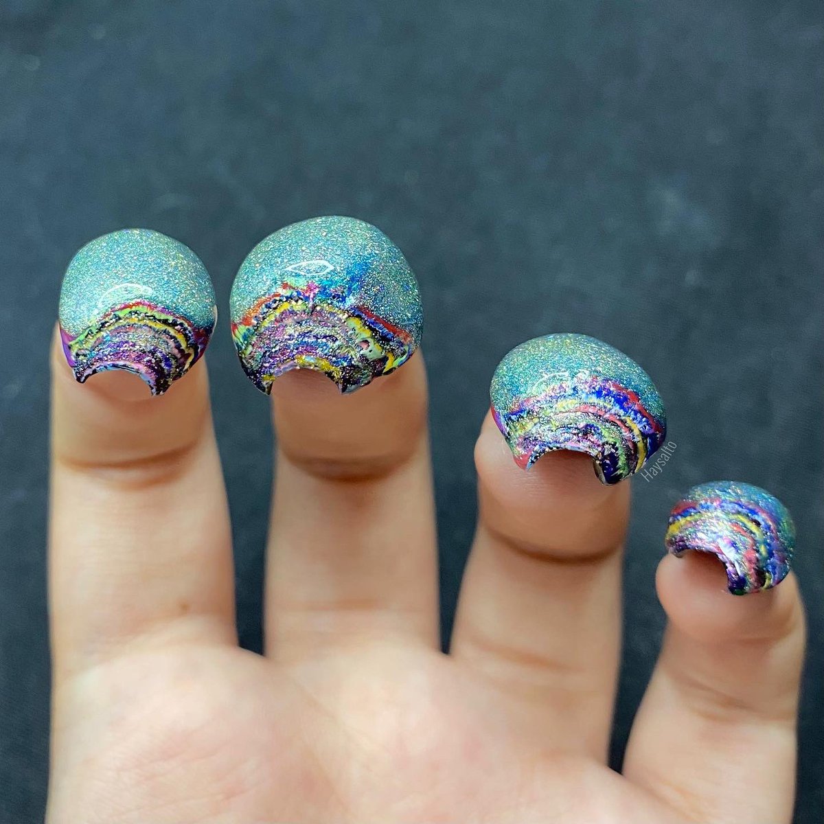haysalto's tweet photo. Itโs the 6 year anniversary of @nailogical โs iconic polish mountain climb! To celebrate, I climbed a 104 layer mountain of my own, created using every single @holotaco polish ever released (as of last Wednesday)! ๐ป๐ฟ๐ฎ๐
๐ผ #6yearsofpolishmountain #polishmountain #holotaco https://t.co/j9C11F9Pvh