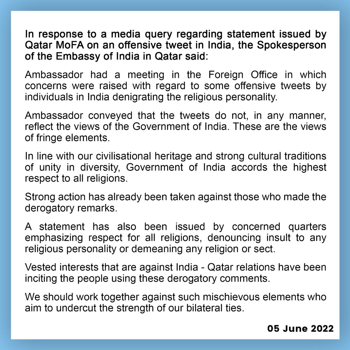 IndEmbDoha's tweet photo. Our response to a media query regarding statement issued by Qatar MOFA on an offensive tweet in India: https://t.co/IIIrWPiZ9A https://t.co/FjmKqt2Cey