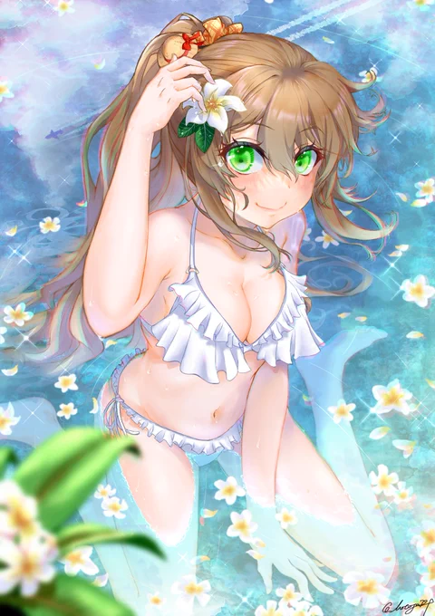 夏イラスト1発目「水着いおりん ～プルメリアを添えて～」 #いおりんあーと #松永依織 #イラスト #夏イラスト #水着 
