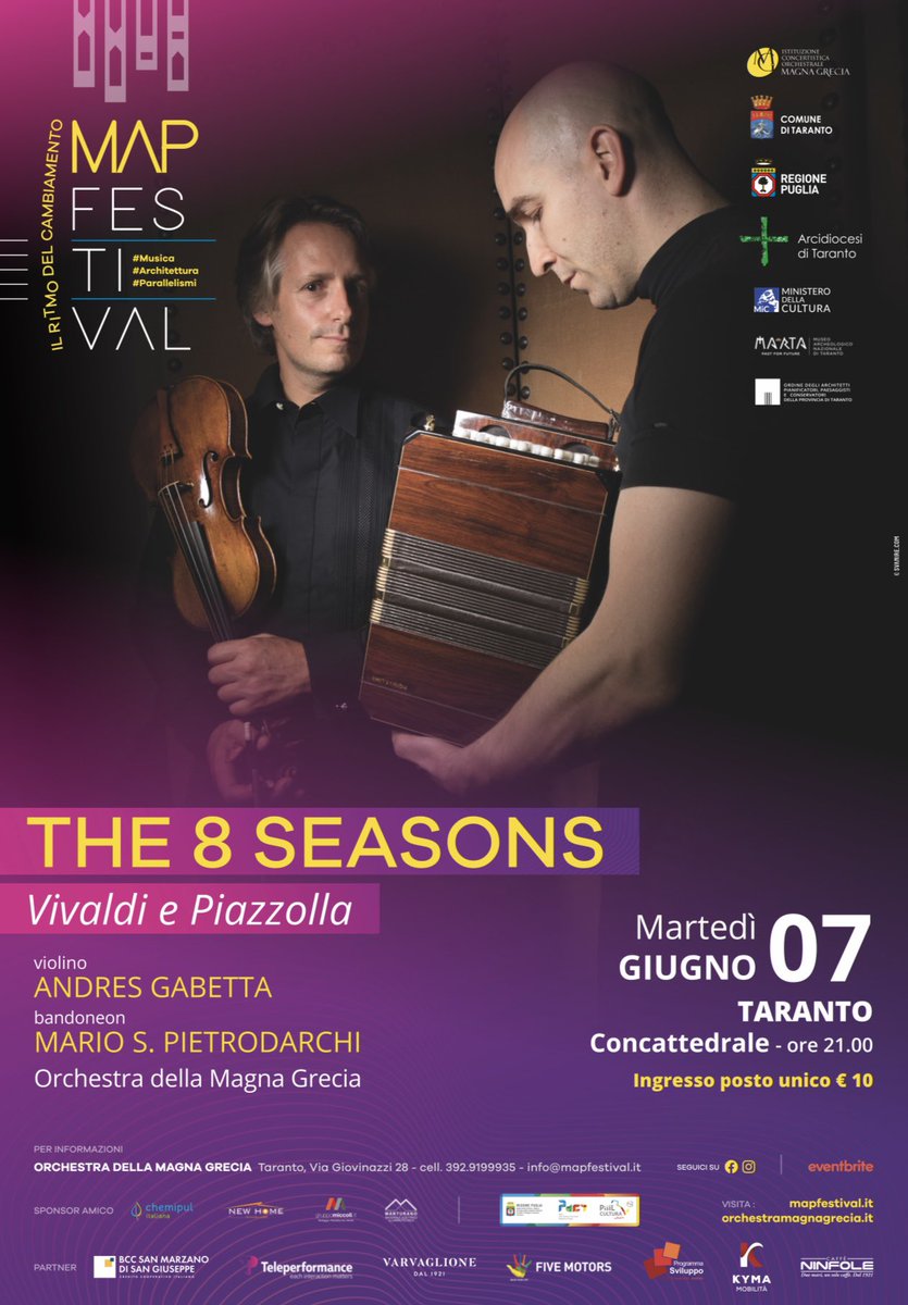 ComuneTaranto's tweet photo. Parte il 7 giugno la seconda edizione del #MAPFestival con il concerto di Andrés Gabetta e Mario Pietrodarchi. Un’iniziativa dell’Orchestra della Magna Grecia che unisce #musica e #architettura nella città di #Taranto https://t.co/8YSGpLkv83