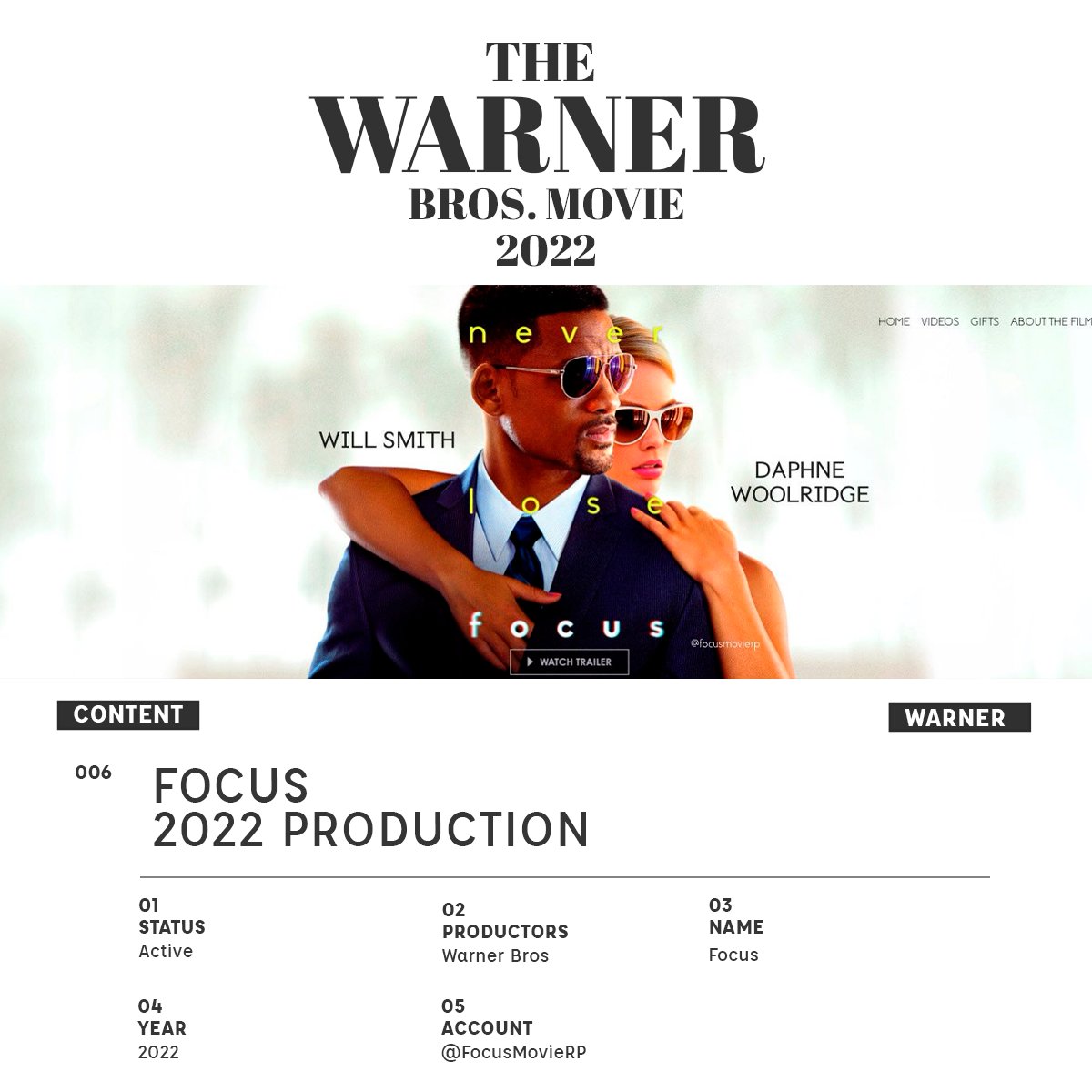 RPWarnerBros's tweet photo. 𝗪𝗮𝗿𝗻𝗲𝗿 𝗕𝗿𝗼𝘀 𝗣𝗶𝗰𝘁𝘂𝗿𝗲𝘀 ™ (#WarnerBrosRP)
𝗡𝗼𝗺𝗯𝗿𝗲: Focus. ᴿᴾ
𝗙𝗲𝗰𝗵𝗮 𝗱𝗲 𝗽𝗿𝗲𝗺𝗶𝗲𝗿𝗲: En proceso
𝗘𝘀𝘁𝗮𝗱𝗼: Activo
𝗖𝘂𝗲𝗻𝘁𝗮: @FocusMovieRP
𝗛𝗧: #FocusRP https://t.co/UyYFChNNH7