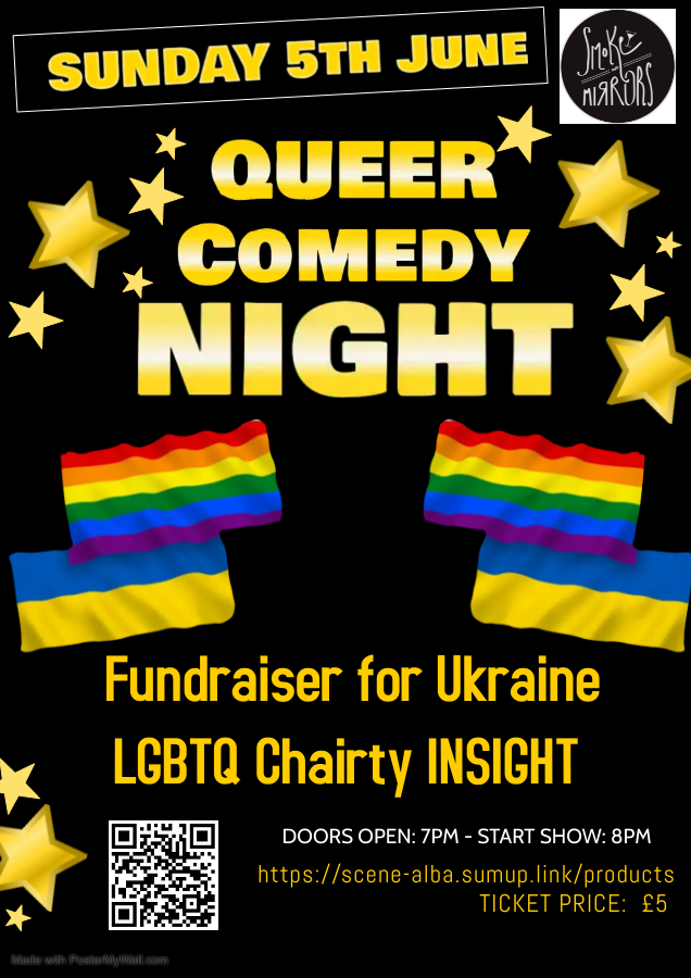 tonight is the night Nick Jeorg an LGBT Ukrainian refugee ask for help raising money to help LGBT people still in Ukraine,so our June 5th night at Smoke &amp; Mirrors is a fundraiser for LGBTQ charity INSIGHT all the ticket money is going to
tickets scene-alba.sumup.link/products
 #lgbtq