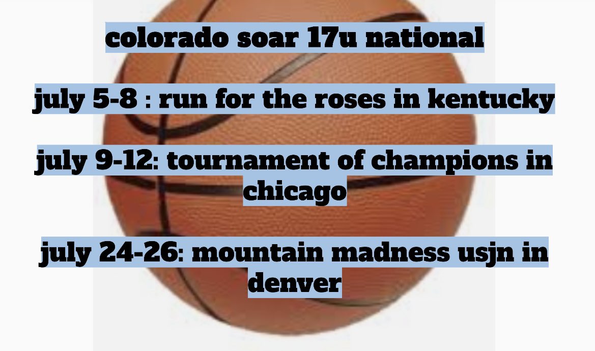 tons of visits, elite camps, showcases, and tournaments this summer! super excited!
<a href="/byuwbb/">BYU Women's Hoops</a> <a href="/CMUWBasketball/">CMU W. Basketball</a> <a href="/MinesWBB/">Mines WBB</a> <a href="/UtahTech_WBB/">Utah Tech Women's Basketball</a> <a href="/WeberStateWBB/">Weber State WBB</a> <a href="/DU_WHoops/">Denver Women's Hoops</a> <a href="/HardrockerWBB/">South Dakota Mines Women's Basketball</a> <a href="/UVUwbb/">UVU Women's Basketball</a> <a href="/UCCSWBB/">UCCS Women’s Basketball</a> <a href="/CSUPuebloWBB/">Colorado State University Pueblo WBB</a> <a href="/RegisRangersWBB/">Regis Rangers WBB</a> <a href="/NAU_WBB/">NAU Women's Basketball</a> <a href="/HeartofaBengal/">Idaho State WBB</a> <a href="/BroncoSportsWBB/">Boise State Women’s Basketball</a> @SOARbasketball