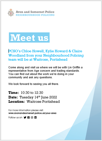 ASPNorthSom's tweet photo. Come along and meet your Portishead neighbourhood policing team! https://t.co/zySQ3eRWXx