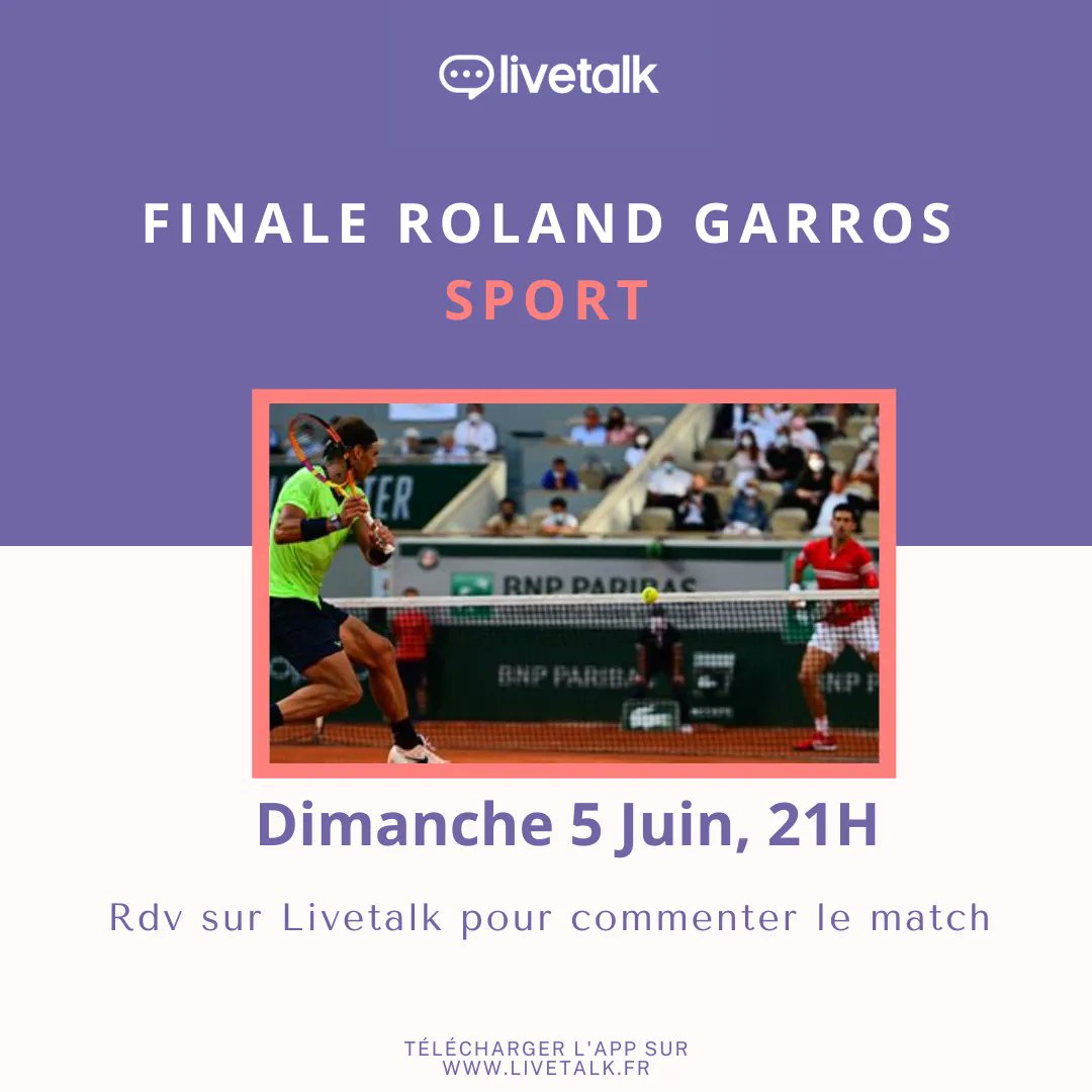 LivetalkTweet's tweet photo. On se retrouve ce soir pour la finale!
⏩ Pour commenter les matchs, télécharge l'app ici : https://t.co/0uM3AIHq4n⠀⠀
#RolandGarros #RG #RG2022 #RolandGarros2022 #GrandChelem #GrandSlam #WTA #ATP #ITF #Tennis #BalleDeMatch #Nadal #Djokovic #Federer #BenoitPaire #Barty #FinaleRG https://t.co/9j9Bx2zpED