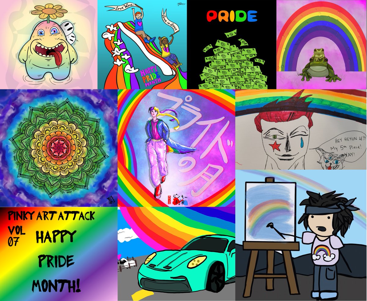 💥Vol 07 Wow!🌈🙏 all for 💗 &amp; support, amazing art &amp; people! Art attack pride-themed, &amp; we got stunners! top: <a href="/mrmocket/">Mocket 🔺️💧🌸</a> <a href="/KawaiiArmyNFT/">Mia</a> <a href="/Rektem_/">REKT'EM</a> <a href="/FelicitousBS/">GrumpyGoose</a> mid: <a href="/WyldeRosee/">WyldeRose</a> <a href="/Memofrogwell/">Frogwell 🐸</a> <a href="/TrippySteve22/">TrippySteve22</a> bot: @lambherder_ <a href="/FantieSu/">FantieSu 🐭 Adventure Mice</a> . Will mint all for PAA pride-series 2022!💗🤬