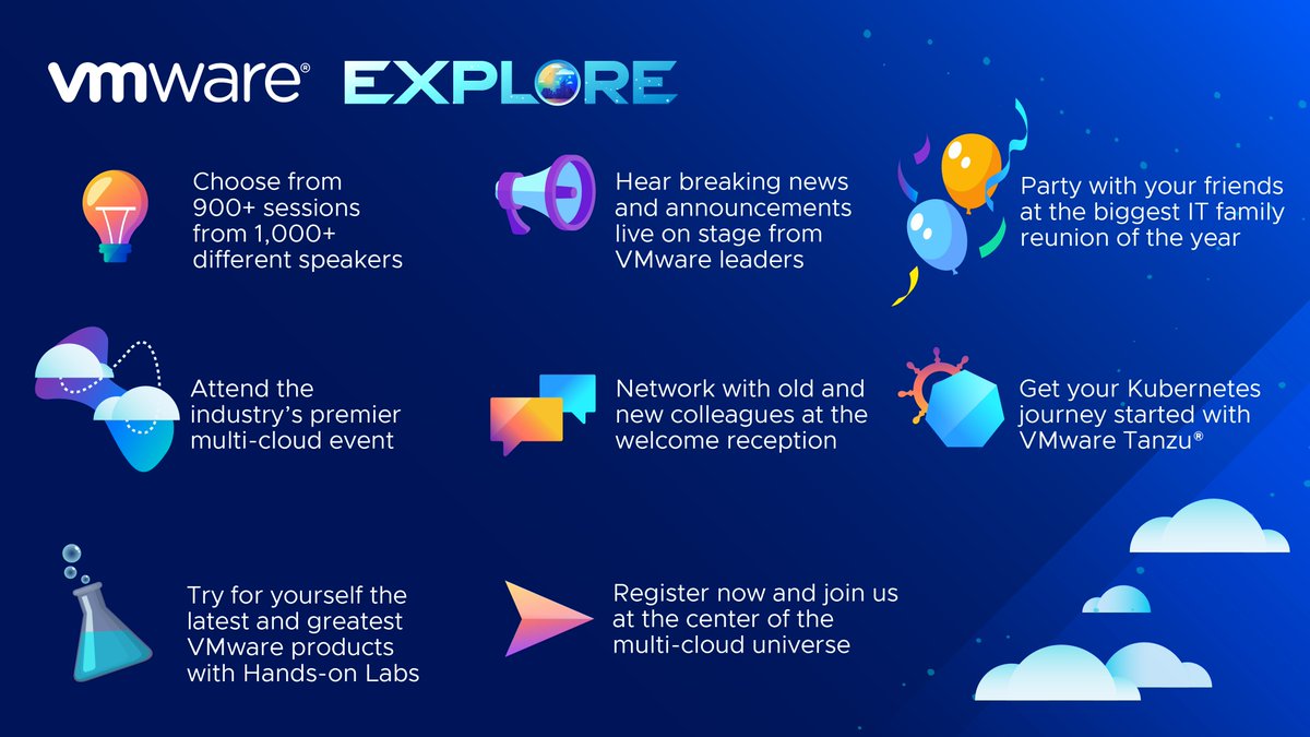 VMware's tweet photo. Why should you attend @VMwareExplore? Here's 8 reasons just to name a few. 😉

Reconnect with old and new colleagues from across the globe at this year’s in-person event. Register now for the 2022 US event: https://t.co/tRnYLv5Rd2 https://t.co/XzL2AzNNaO