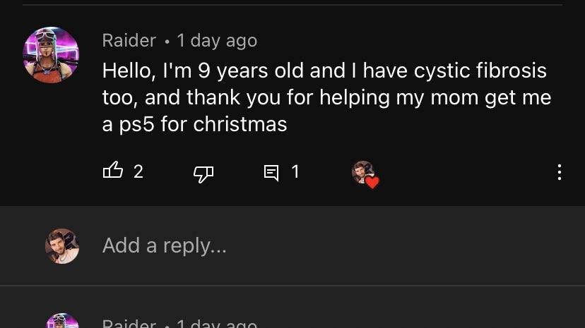 I see this and think about how my story somehow inspired his mom enough to tell him about me and how I helped her get a PS5. And that it stuck with him and inspired him to reach out. Having Cystic Fibrosis will never define me or you except for our ability to overcome it, Raider.