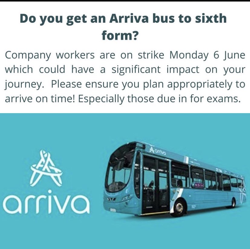 ‼️ Do you get a bus to 6th form? ‼️

Arriva company workers are on strike next week me with there could be delays. Please plan for this, especially if you have exams! 

Contact your PPT if you have any problems 📧