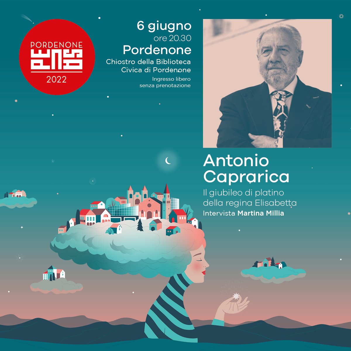 Antonio #Caprarica aprirà domani la XIV edizione di #PordenonePensa. Chi meglio di lui potrebbe raccontare le celebrazioni del 70° di reggenza di #Elisabetta d'Inghilterra e i #Royal affairs? Per maggiori dettagli➡️pnpensa.it/programma_2022/