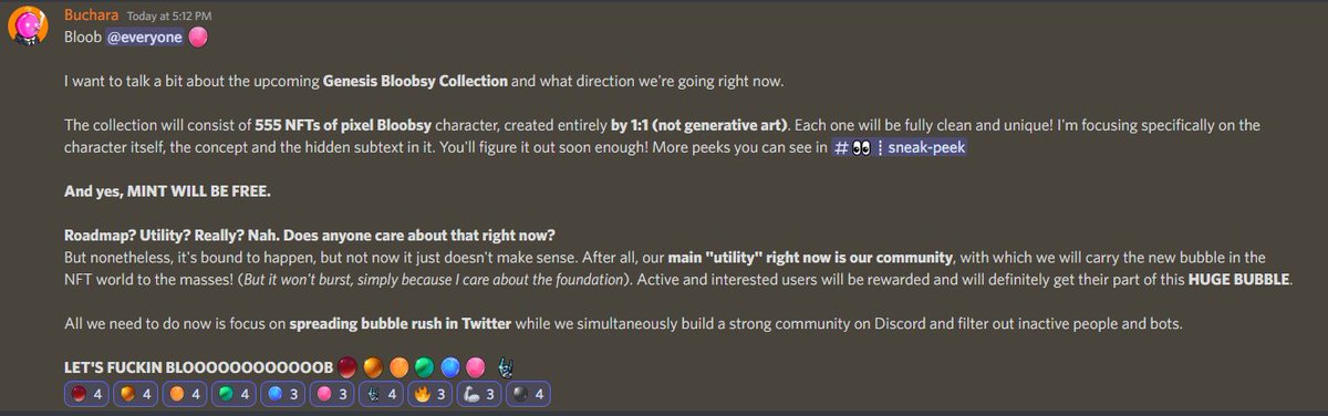 555 Genesis Bloobsy NFTs🔮
Totally FREE MINT 🫧

The first 111 to interact (RTs/Likes/Comments) will be considered for #FreeMint WL. 

Ends in 24h. And please reach out to our Discord Proof Channel with a screenshot to gain your Free Mint List Role (Bloob bloob role)👇