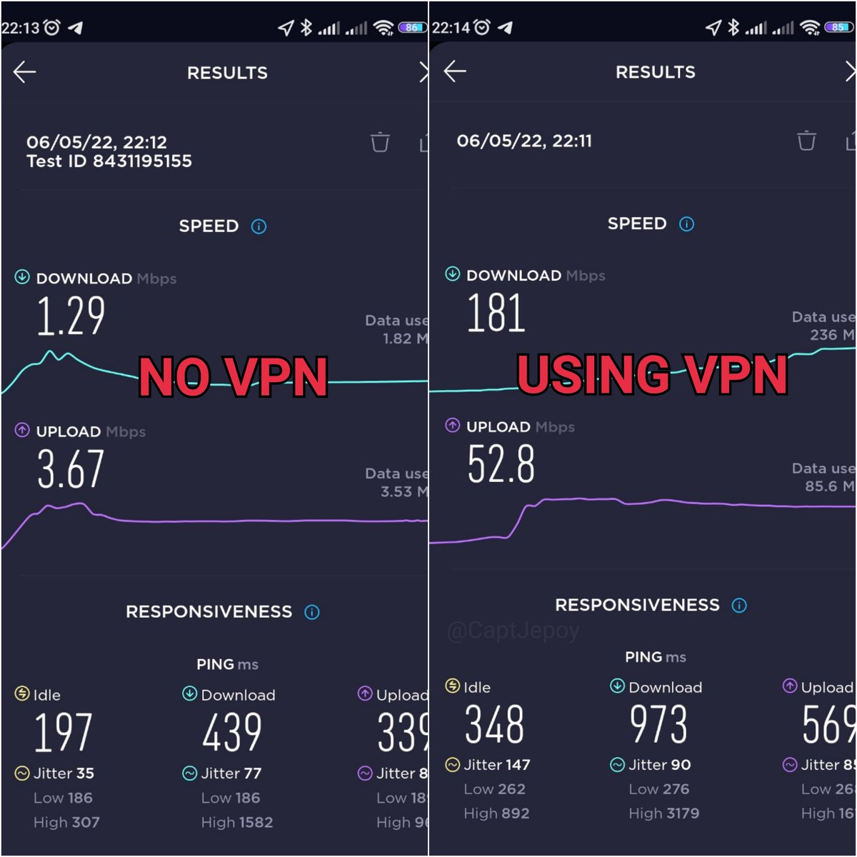 CaptJepoy's tweet photo. Proof that @PLDTHome is throttling our #PLDTFibr connection at night. Left result w/o VPN shows 1.29Mbps download & 3.67Mbps upload. Right result shows 181Mbps download & 52.8Mbps upload while connected to a VPN. My plan is 400Mbps. Scammer kayo, @PLDT_Cares? https://t.co/oOpvYZrrhy