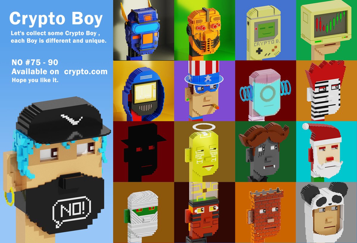 SALE ALIVABLE NOW
Crypto Boy NEW DROP No #75-90
on Crypto.com

Check out my link  bit.ly/3rAfaj9
Hope you like it.

#NFT #NFTdrop #NFTCommunity #thainft
#NFTartist #NFTs #nftcollection #nftthailand 
#NFTcollector