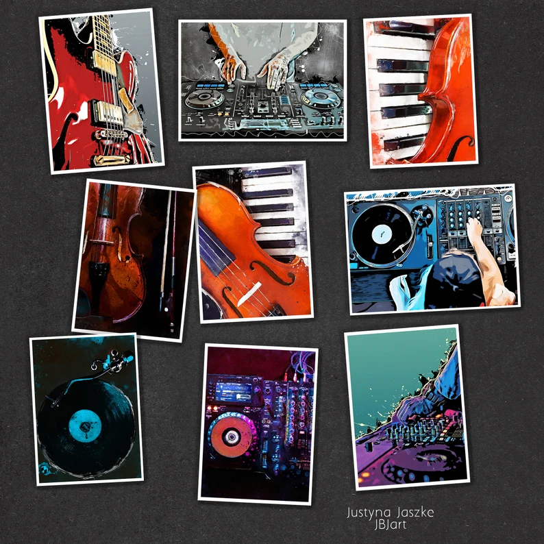 JBJart's tweet photo. Music print, Set of 9 prints with 5x7'' or 4x6'', music, guitar art, prints, music collection, violin, vinyl, dj set, piano, music art, arts https://t.co/nKkh8g0zYK przez @Etsy #etsy #music #musicprint #musicart #djset #vinyl #violin #piano https://t.co/e8eH58cW2J