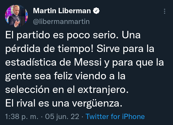 Liberman cuando Cristiano le mete 2 a Irlanda // Liberman cuando Messi le mete 5 a Estonia

Es el tipo más anti-Messi que existe.