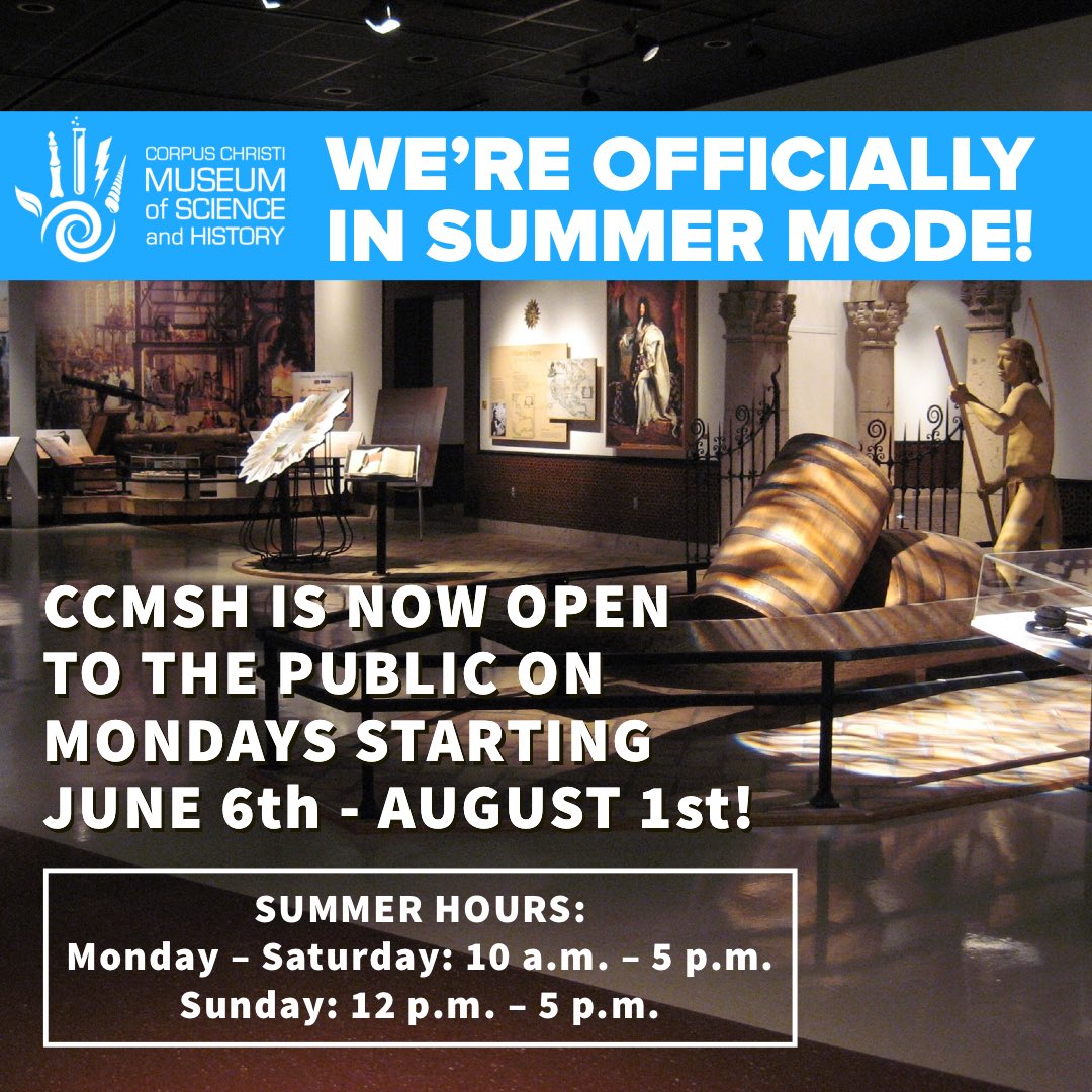 We’re officially in summer mode! CCMSH is now open to the public on Mondays starting tomorrow, June 6th thru Monday, June 1st. Come explore with us this summer and take a dive into history! 🌊 

SUMMER HOURS:
Monday – Saturday: 10 a.m. – 5 p.m.
Sunday:  12 p.m. – 5 p.m.