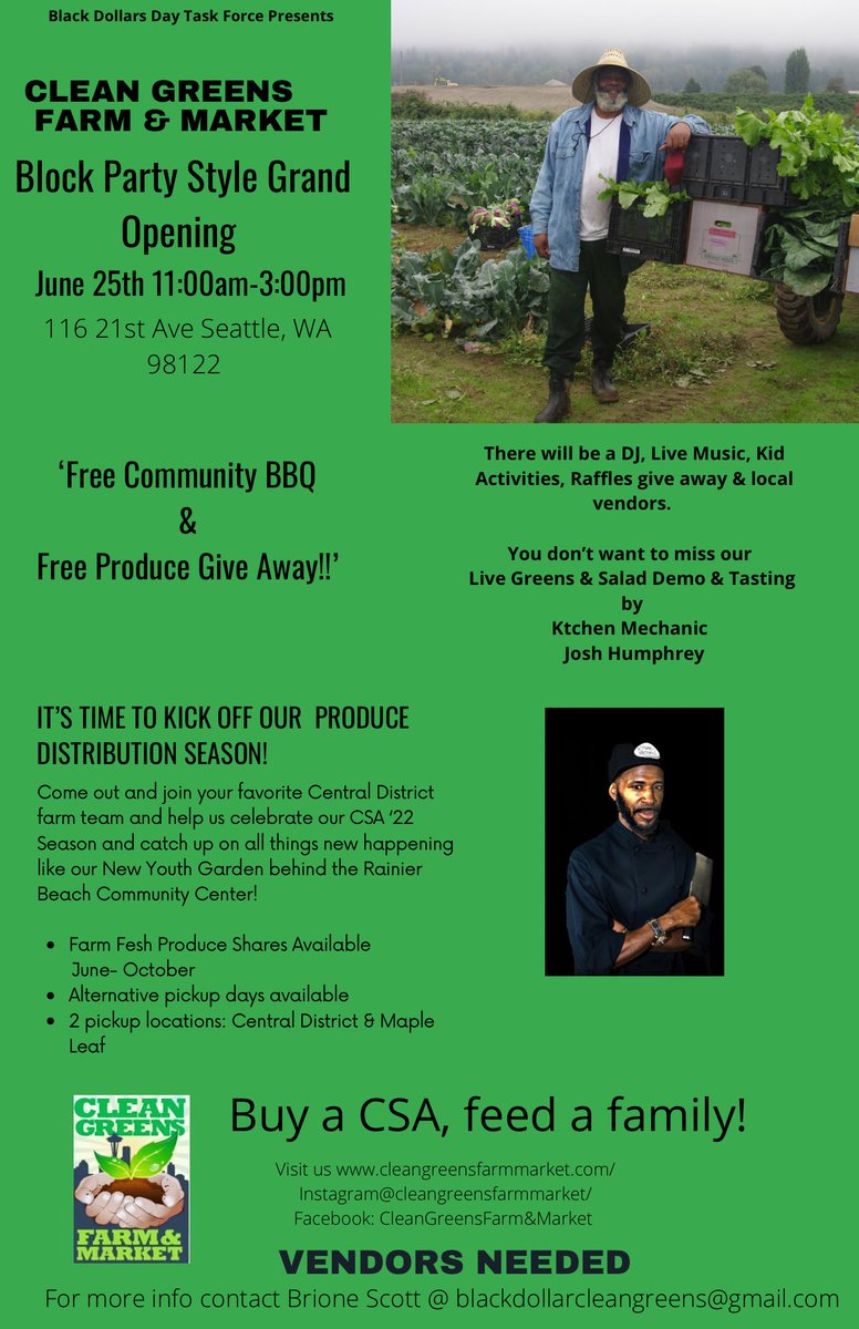 CleanGreensFarm's tweet photo. We are so excited!!💚💚💚💚

Save the date June 25th as we celebrate our 15th Grand Opening Block Party Style! 

There will be free food, music, games for kids, free sample tasting by one of Seattle’s dopest Chefs @ktchen_mechanic , and last but not least Fresh Organic Farm Food! https://t.co/PGzdlsKozi