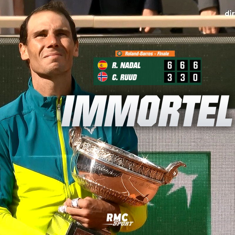 RMCsport's tweet photo. 🏆 IMMORTEL NADAL !

💥 L'Espagnol remporte un 14e titre à #RolandGarros en terrassant Casper Ruud en finale (6-3, 6-3, 6-0) ! 

🌟 À 36 ans et malgré l'état de son pied, le Taureau de Manacor remporte un 22e sacre en Grand Chelem, le deuxième de l'année après l'Open d'Australie.