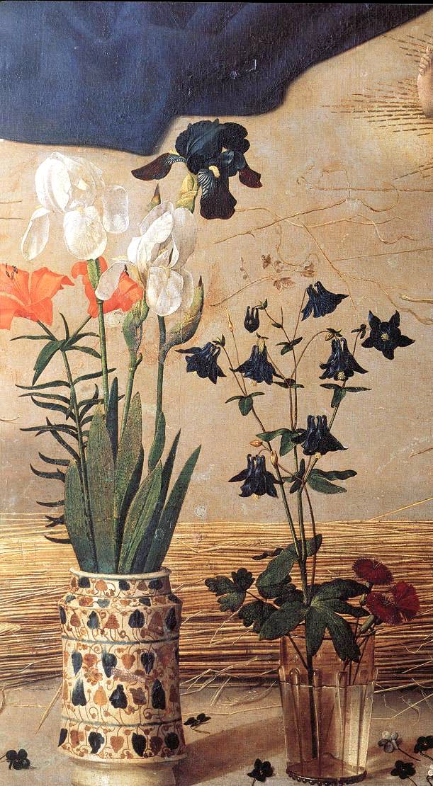 TravelinaGarden's tweet photo. An #albarello with irises and lilies from the Portinari Altar, Florence, painted in 1477-78. Objects of everyday life, such as this drug jug, were used to hold flowers before the creation of specially made vases. https://t.co/BQAsg1y1eS