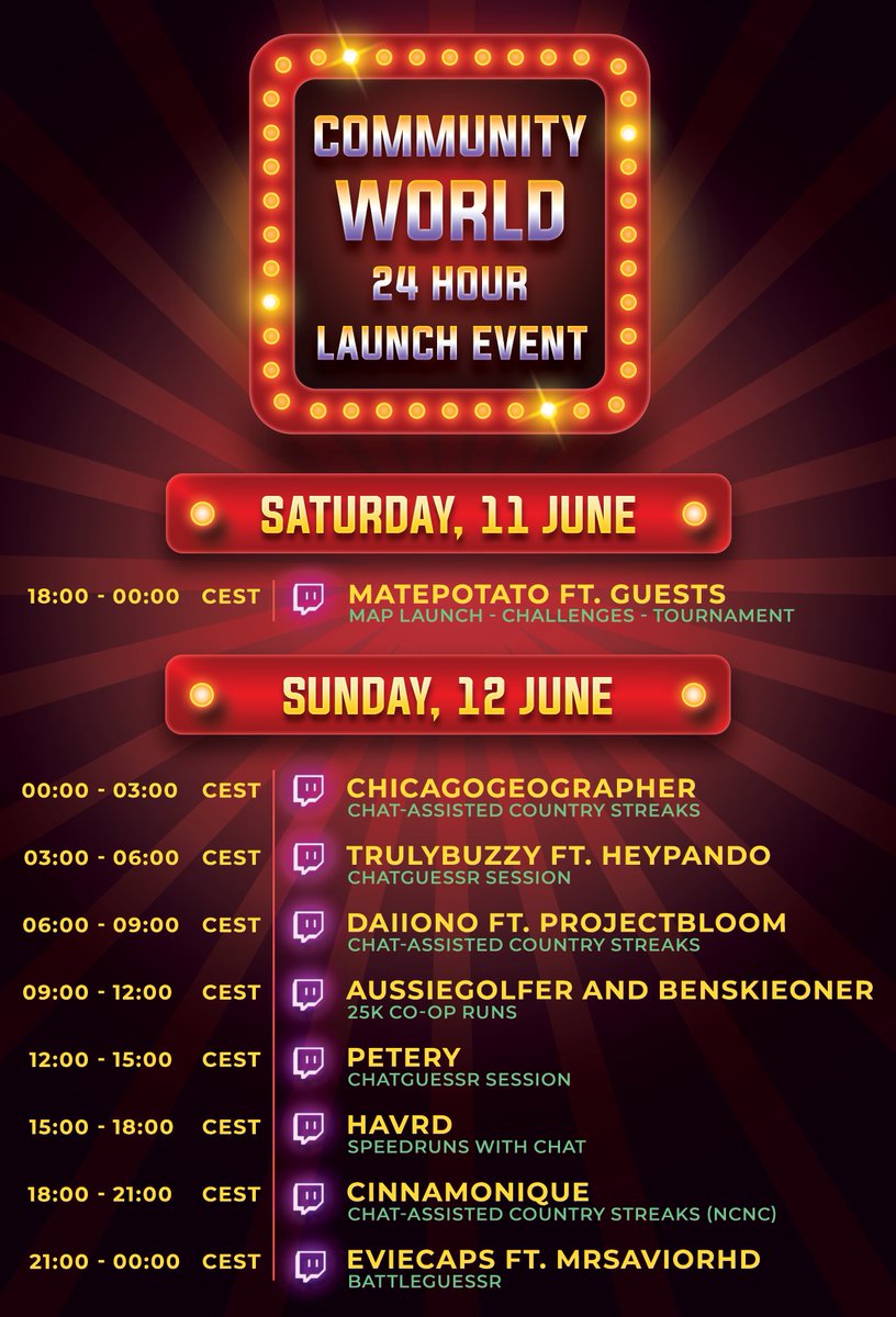 matepotato (@matepotato) on Twitter photo Start your countdowns, the <a href="/geoguessr/">GeoGuessr</a> map A Community World finally releases on the coming Saturday! Join me for the release stream on Twitch followed by a 24 hour stream relay hosted by some amazing creators who will play a variety of game modes on the map with you guys! Start your countdowns, the <a href="/geoguessr/">GeoGuessr</a> map A Community World finally releases on the coming Saturday! Join me for the release stream on Twitch followed by a 24 hour stream relay hosted by some amazing creators who will play a variety of game modes on the map with you guys!