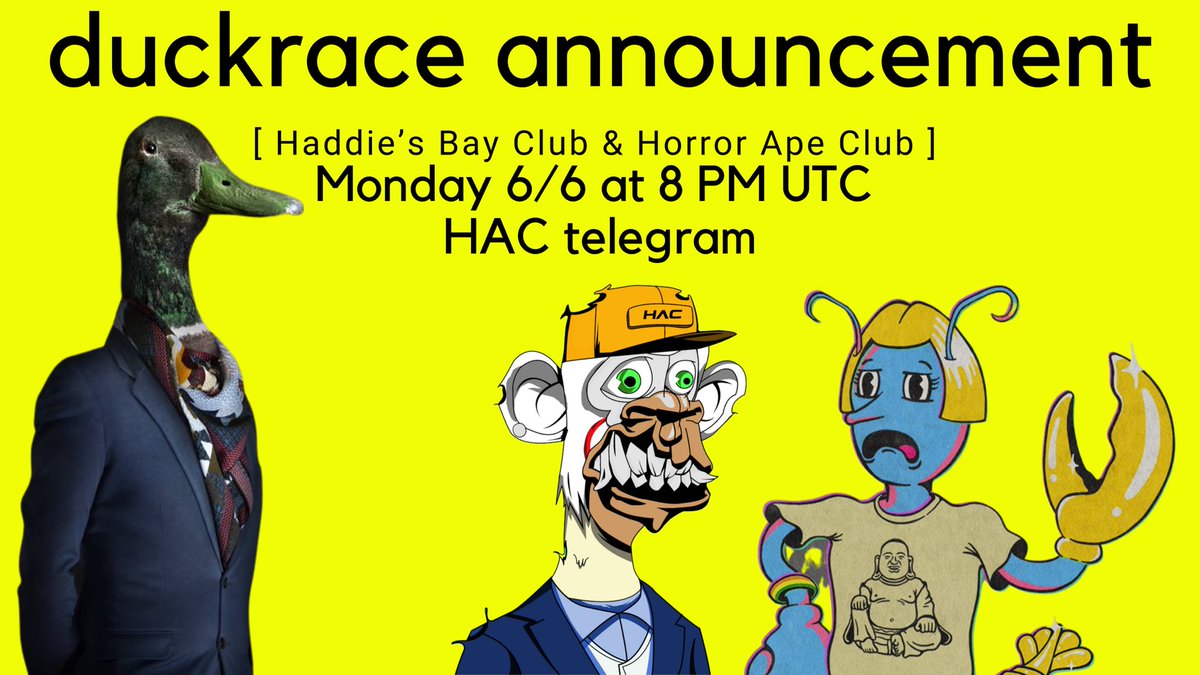 haddiesbayclub's tweet photo. What happens when you get a Horror Ape and a legendarily rare lobster together? You have a Duck race on Telegram! @HorrorApes is hosting a Duck race on their telegram tomorrow at 8 PM UTC -- Great prizes and horribly rare fun; https://t.co/MXX3EZVTUR https://t.co/5VSQrSfR0r