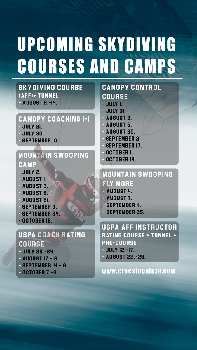 The dates of upcoming Skydiving courses and camps. Book yours here 🪂🏕️👉🏾 ernestogainza.com/courses/
