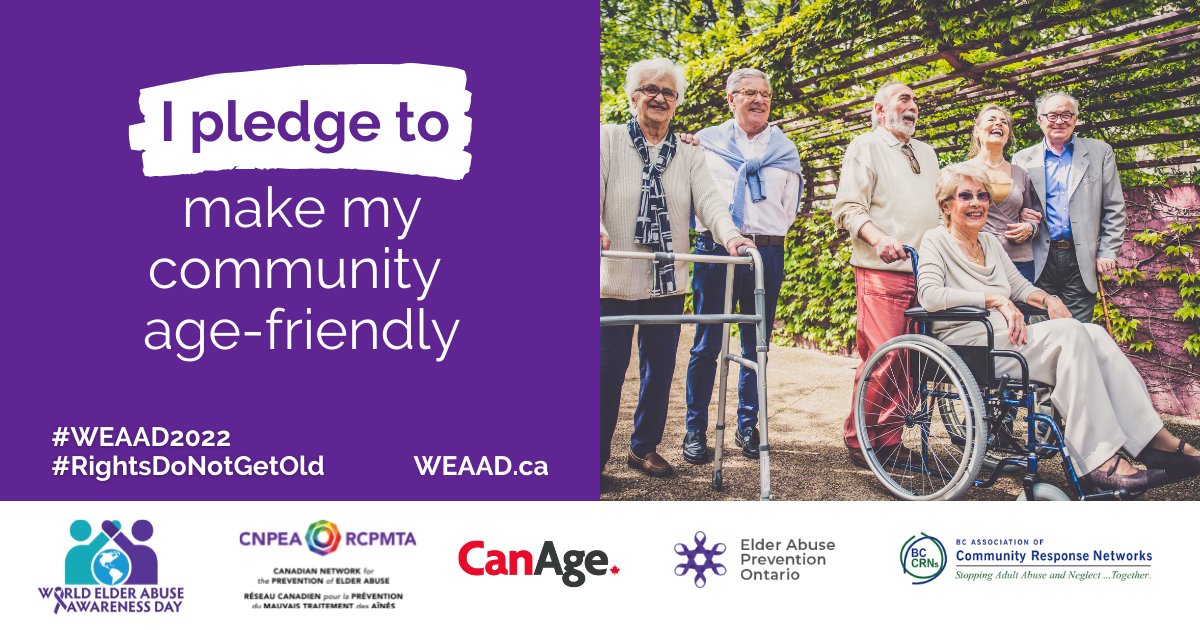 Rights do not get old! Everyone, regardless of age, should be able to live free from abuse, have a strong voice, and feel safe and respected. 

Take the pledge to make your community more age-friendly! 
weaad.ca

#RightsDoNotGetOld #WEAAD2022