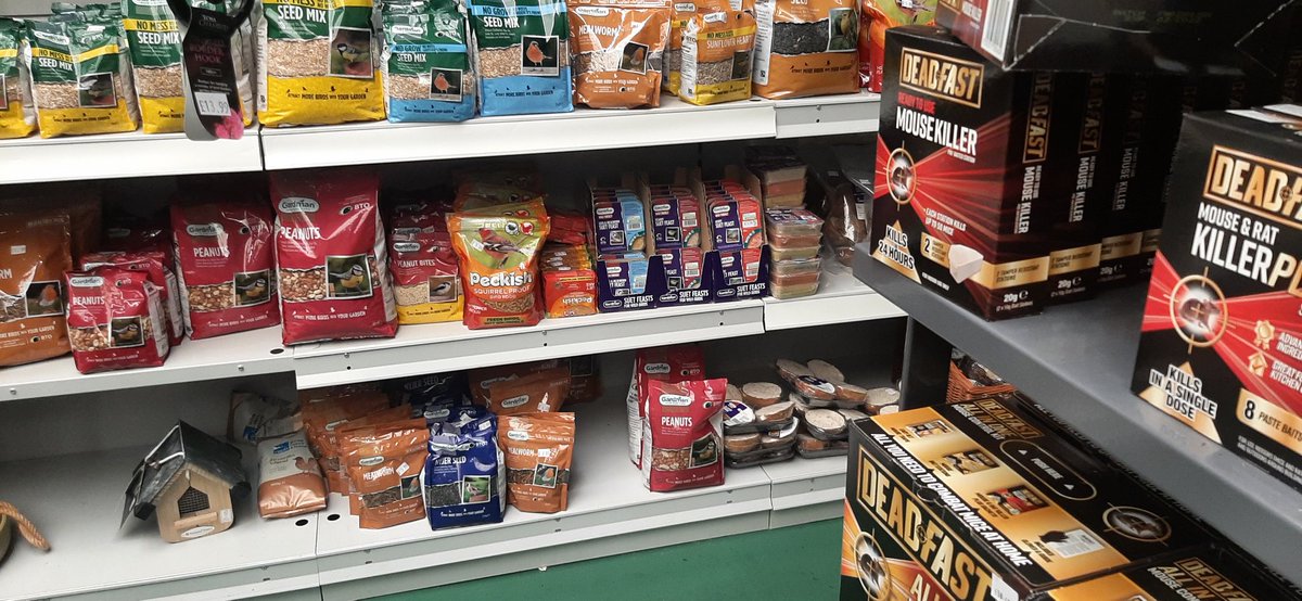 Alexander_Lees's tweet photo. Juxtaposed at garden centres: 1) wild bird food to replace insects/plants killed by sprays and powders on sale 2) rodenticides to kill the mammals the bird food attracts 3) bird repellent if the wrong birds show up &amp; 4) fake birds when your garden can no longer support real ones. https://t.co/dA3l1a56GJ