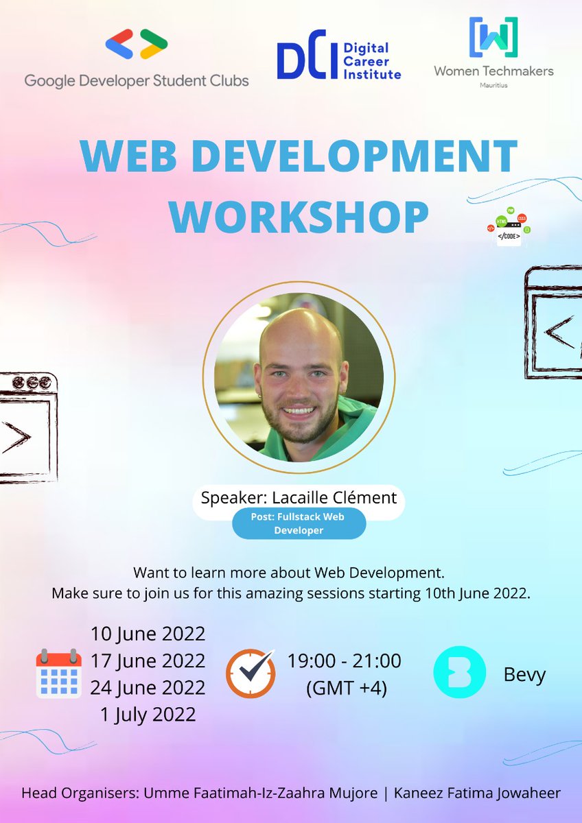 gdscuom's tweet photo. Join us for a Web Development Workshop to deepen your skills on the Frontend and Backend of Web Development

🗓 Dates: June 10th, June 17th, June 24th, July 1st 2022
⏰ Time: 19.00 - 21:00 (GMT +4)
📍 Venue: Bevy

Register on: 
https://t.co/eoFKMhKZwJ

#GDSC #webdevelopment https://t.co/bZa2pY3QZV
