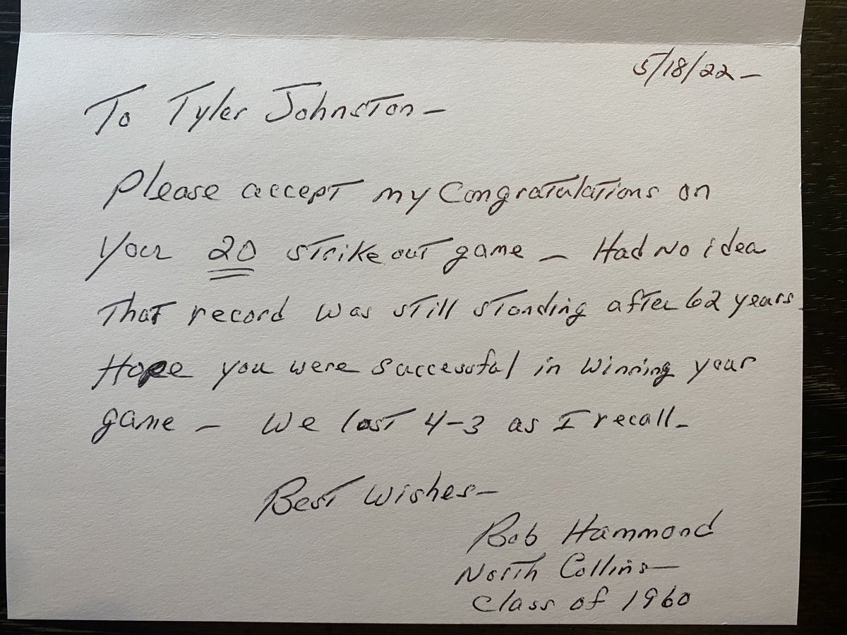 Received this note Friday from Mr. Bob Hammond, North Collins Central class of 1960. Truly honored to share this record with him. Feeling grateful &amp; thankful <a href="/TomahawksWNY/">WNY Tomahawks</a> <a href="/WilsonLakemen/">Wilson CSD Athletics Department</a> <a href="/LakemenBaseball/">Lakemen Baseball</a> <a href="/SectionVIBB/">Robert Parry</a>