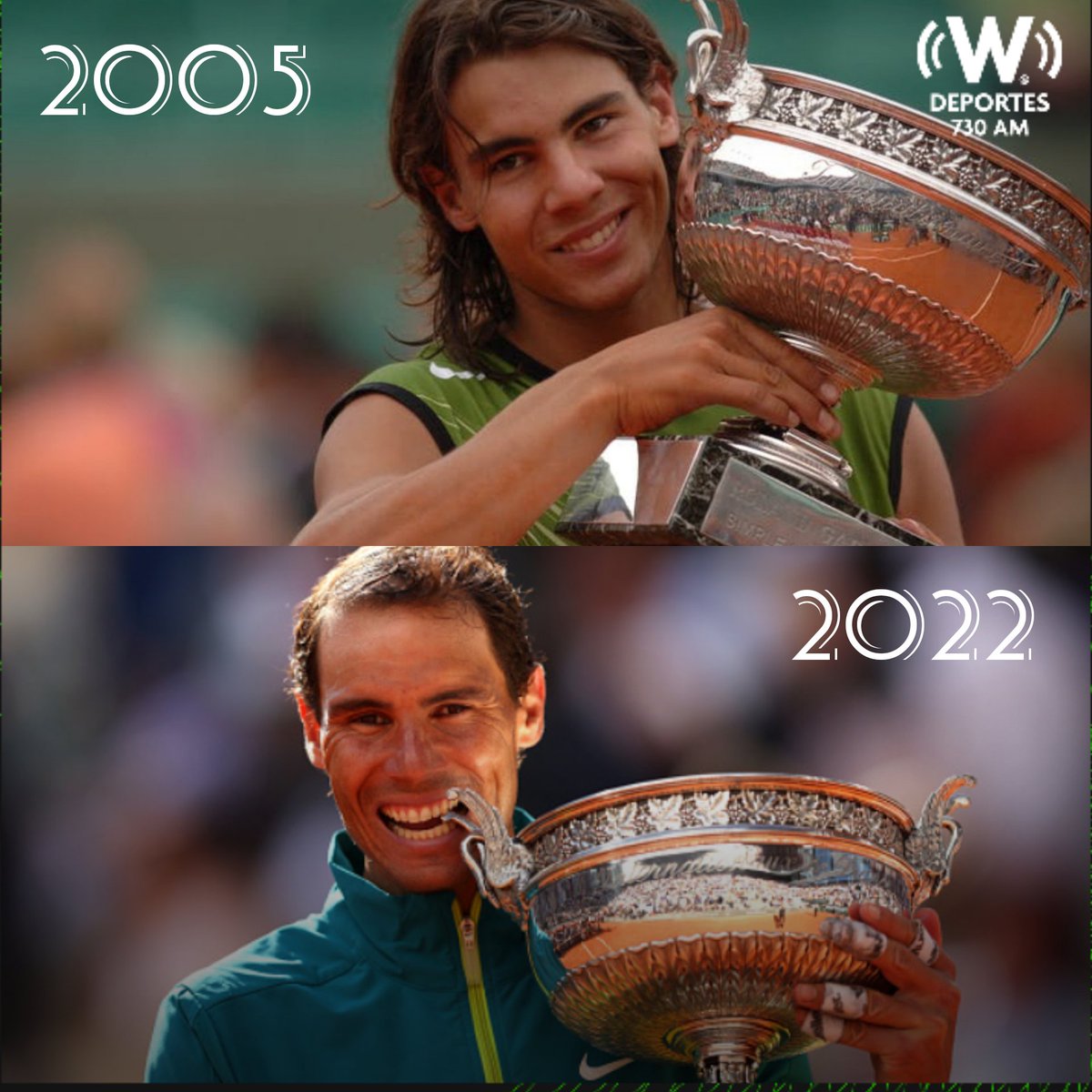 ➡️2005: Rafael Nadal gana su primer Roland Garros

➡️2022: Rafael Nadal gana su 14vo Roland Garros

17 años después, un poco más arrugado, mucho menos pelo, pero el mismo talento, la misma garra, la misma hambre de ser una leyenda 🏆

#LaVozDelDeporte 🎙️