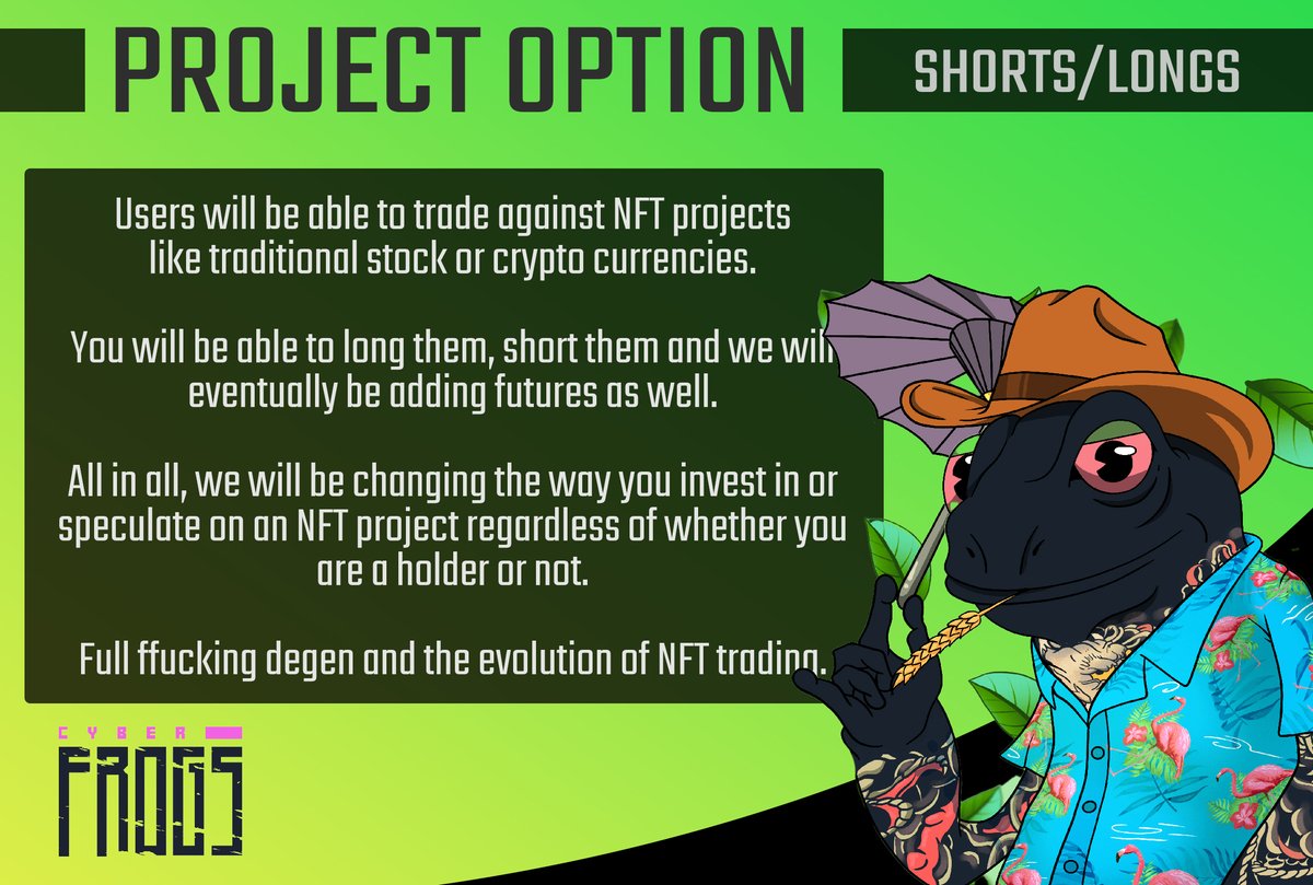Just remember.....

We are building the options platform for NFT trading. 

Shorts/Longs.....Options/Futures..........Pure/Degen

#!FFrogsFuck