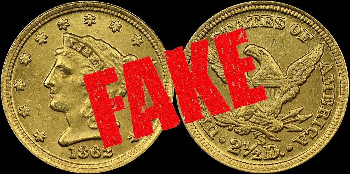 NGCcoin's tweet photo. If this coin were a genuine 1862-S Quarter Eagle, it would be worth well into the five figures. But it's not, and Liberty's hair holds one clue that it's a counterfeit. Learn more: https://t.co/5EG4lMoiHK #numismatics #coin #counterfeit #quartereagle #goldcoin #fakecoin #rarecoin https://t.co/H2iDdiwzd7