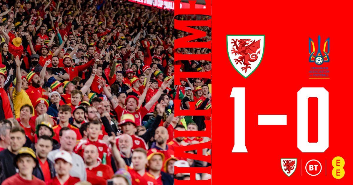 Cymru's tweet image. HT | 🏴󠁧󠁢󠁷󠁬󠁳󠁿 1-0 🇺🇦

Gareth Bale's free kick caused problems in the Ukraine box where an own goal gave Cymru the lead! 

#TogetherStronger | #WALUKR