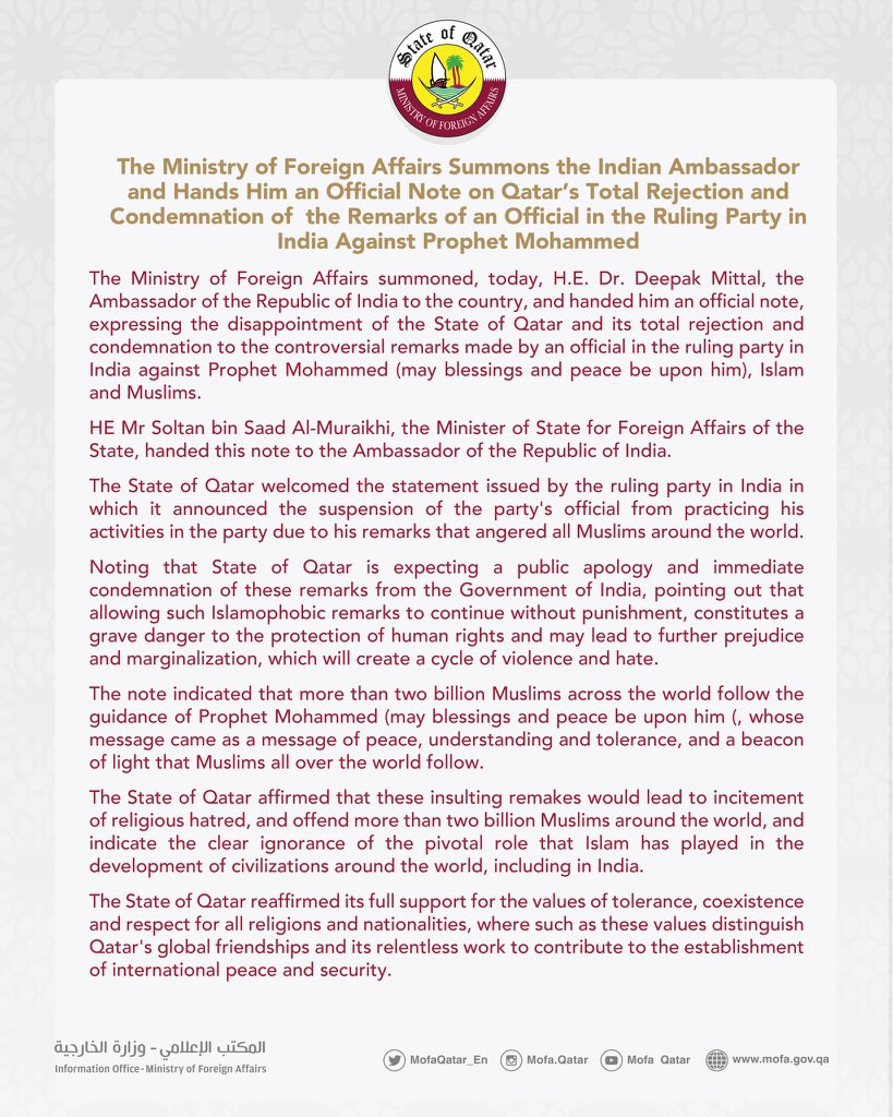 thesouthasiatim's tweet photo. Qatar foreign ministry summoned Indian ambassador to Doha and strongly condemned the Indian ruling party officials derogatory remarks against holy Prophet Muhammad PBUH and ask India to officially tender apology and take action against Sharma #Stopinsulting_ProphetMuhammad https://t.co/S8noK2twIg