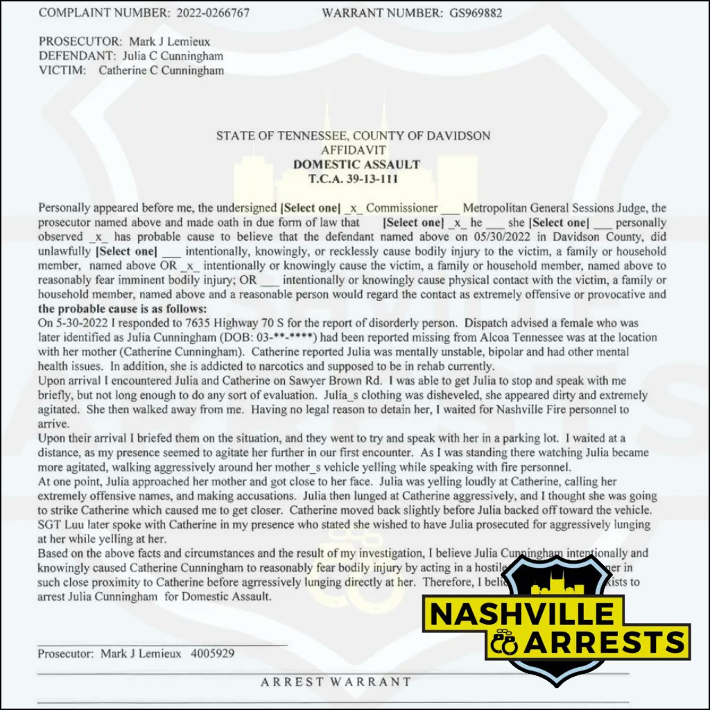nasharrests's tweet photo. Julia Cunningham #DomesticAssault #AssaultOnFirstResponder #OffensiveContact #ResistingArrest $6,000 bond #JuliaCunningham - #NashvilleArrests #DCSO #NashvilleJail https://t.co/4Gji0NeyjO