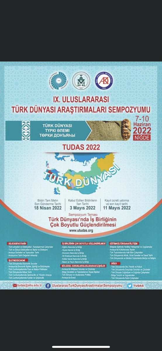 Üniversitemiz ev sahipliğinde  7-10 Haziran 2022 tarihleri arasında düzenlenen IX. Uluslarası Türk Dünyası Araştırmaları Sempozyumuna ilgili olan herkesi bekleriz.