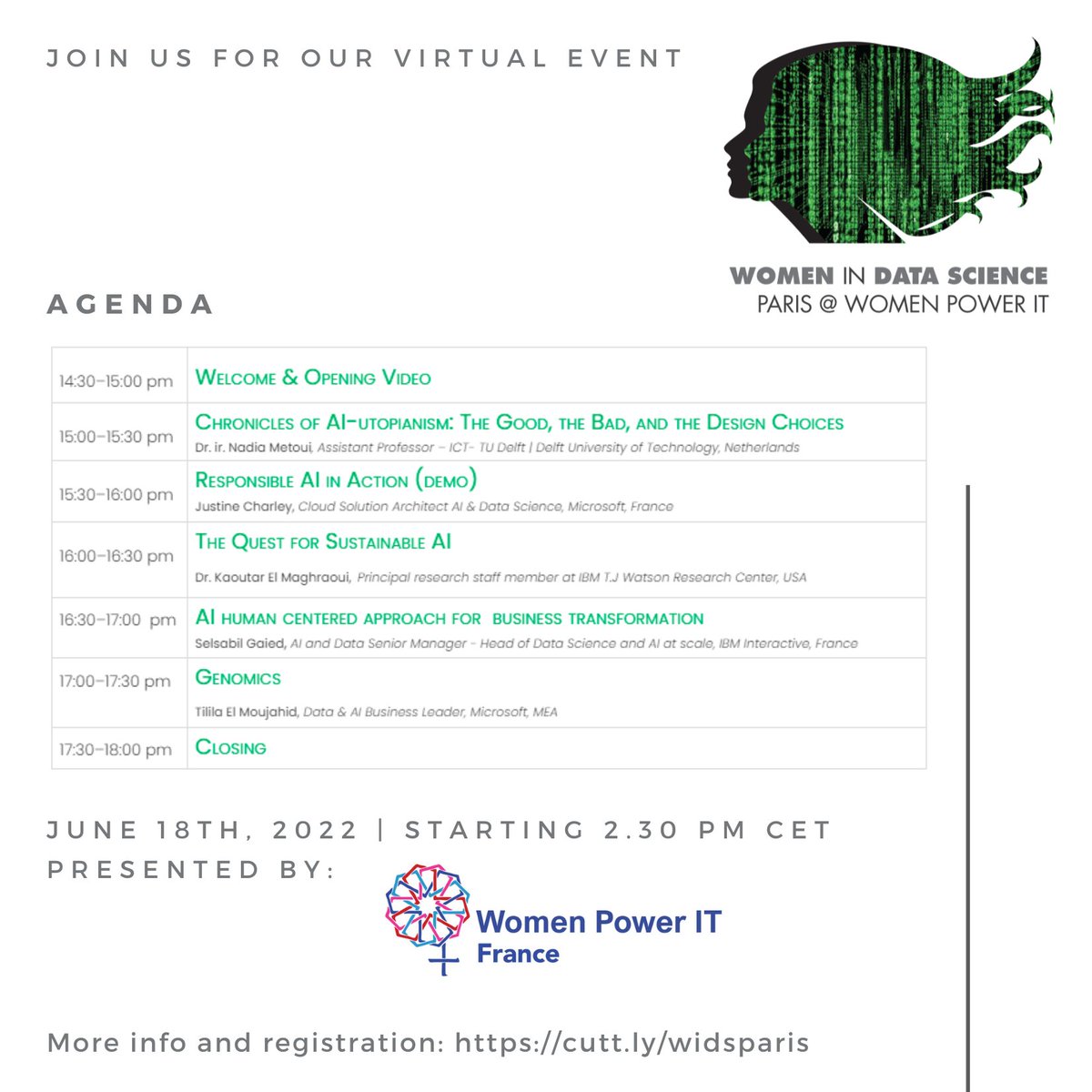 JniniSamia's tweet photo. Join us on June 18th at WiDS Paris @ Women Power IT for our 3rd virtual event featuring amazing speakers, who will talk about diverse AI and Data Science topics and share their journey and expertise! 
#WiDS2022 #WomenPowerIT #AI

More info on: https://t.co/vFrW8XgtNs https://t.co/yj5ynsfkyy