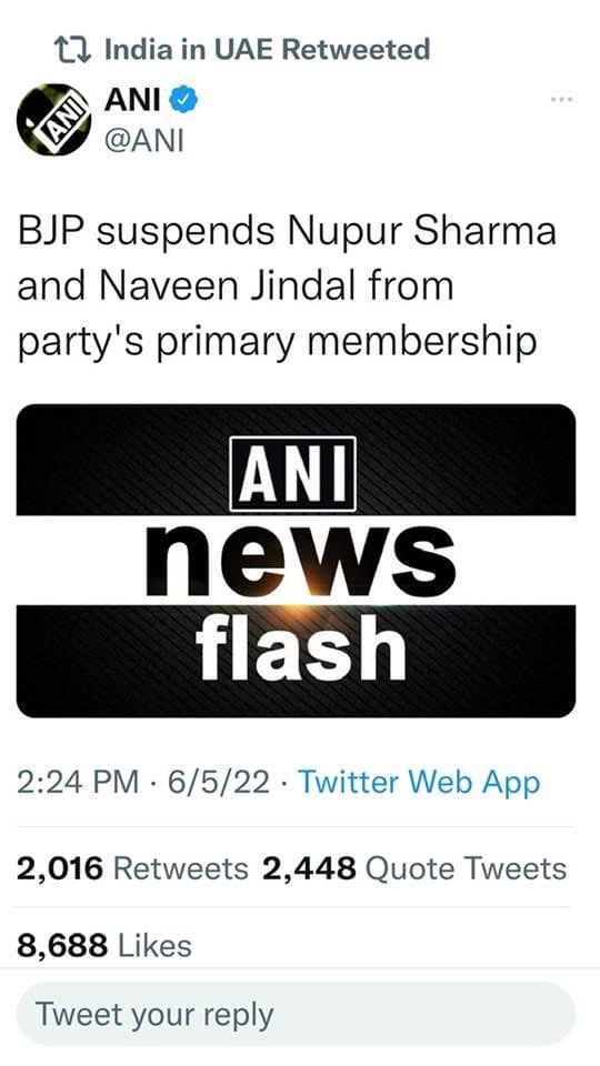 Who could have ever thought that Indian Embassy in UAE will one day be forced to retweet BJP’s expulsion of its National Spokesperson troll Nupur Sharma to appease the feelings of Muslim Shaikhs of Arab! #ShameOnBJP #NupurSharma #Stopinsulting_ProphetMuhammad