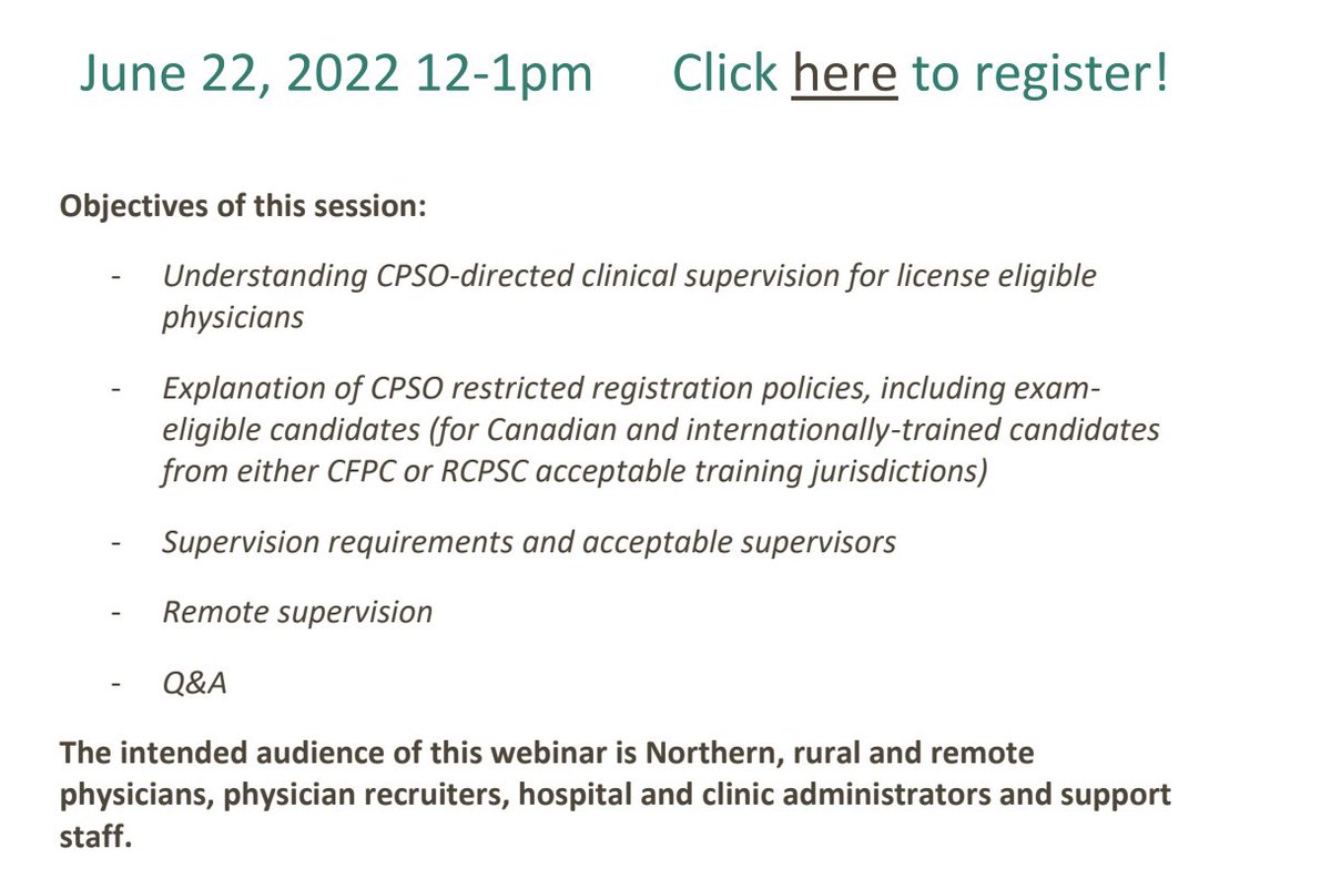 NOSMMDworkforce's tweet photo. Are you a physician, CEO or recruiter in N. Ontario?
Join us on Jun 22 12-1 to learn about CPSO directed supervision of internationally trained physicians who are license eligible.
Register here: https://t.co/sPinu2dgwa
Please RT and share in your Northern circle. https://t.co/oYkTJBEghm