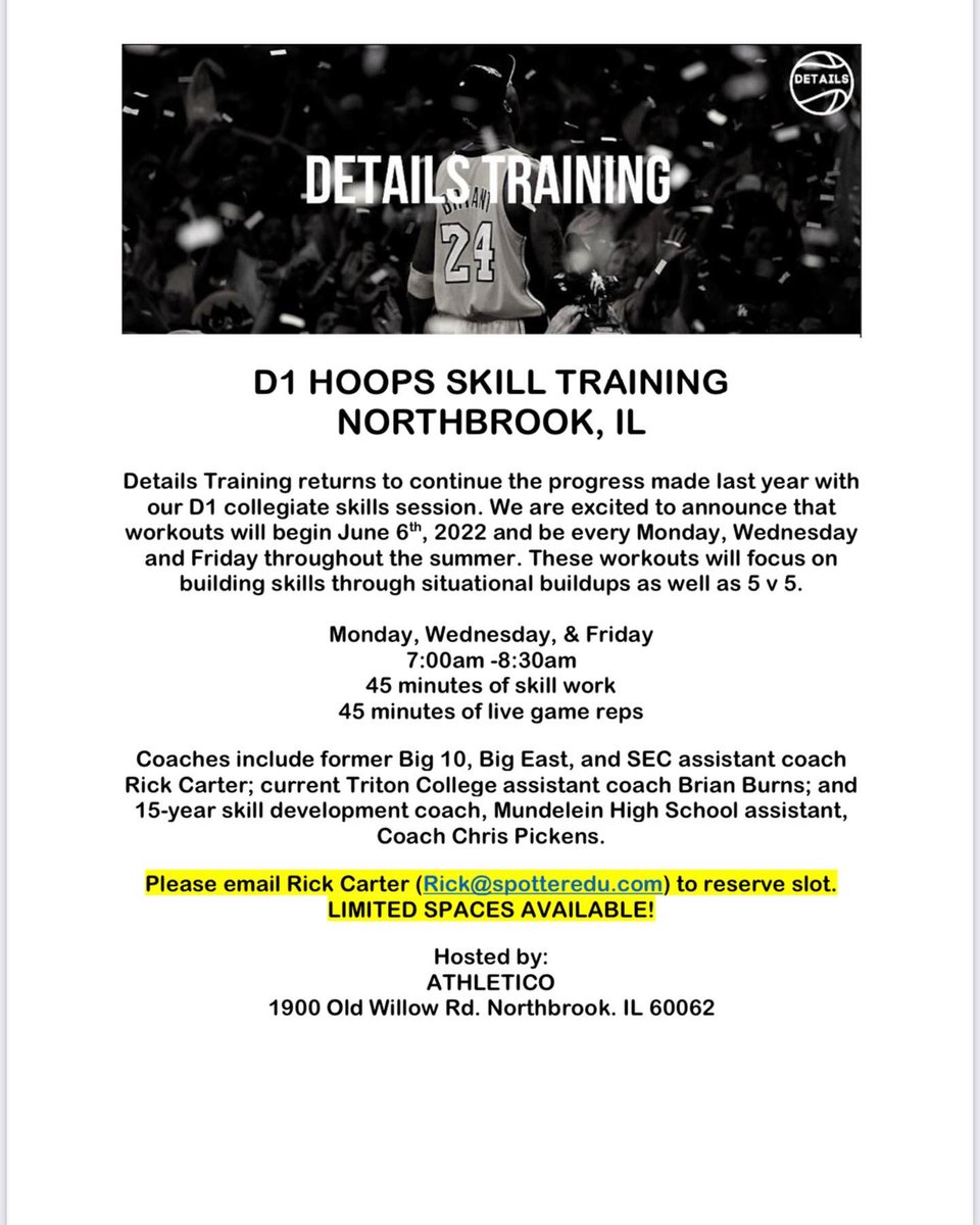 Details Training is back in the North shore of Chicago!  Message me to hold your spot or get more info!  Get ready for your upcoming college season! #ironSharpensIron #Details