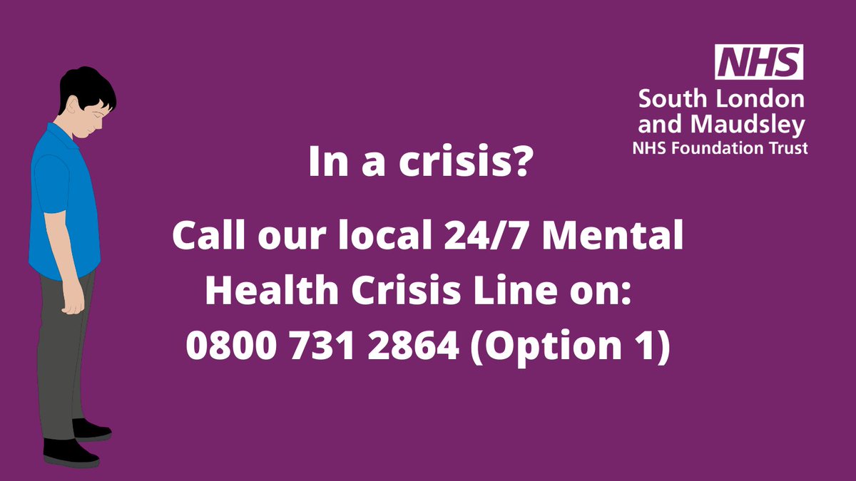 NHS Maudsley (@maudsleynhs) on Twitter photo We are here for you. You can get support if you are having a #MentalHealth crisis.
☎️ 0800 731 2864 (Option 1) to speak to our local 24 hour mental health crisis line.
<a href="/MaudsleyDoN/">Vanessa Smith RMN 💙</a> <a href="/GoalsOlivers/">OliversLifeGoals</a> <a href="/normanlamb/">Norman Lamb</a> <a href="/nathaliezach/">Nathalie Zacharias (she/her)</a> We are here for you. You can get support if you are having a #MentalHealth crisis.
☎️ 0800 731 2864 (Option 1) to speak to our local 24 hour mental health crisis line.
<a href="/MaudsleyDoN/">Vanessa Smith RMN 💙</a> <a href="/GoalsOlivers/">OliversLifeGoals</a> <a href="/normanlamb/">Norman Lamb</a> <a href="/nathaliezach/">Nathalie Zacharias (she/her)</a>
